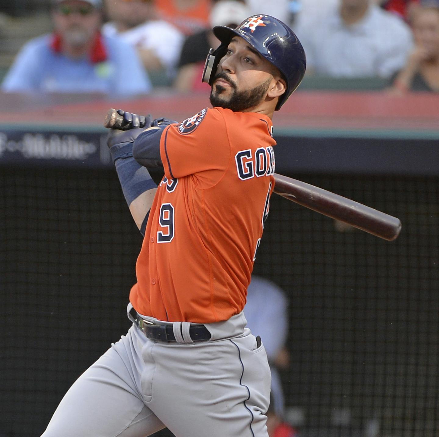 FILE - In this Oct. 8, 2018, file photo, Houston Astros' Marwin Gonzalez hits a two-run double in the seventh inning during Game 3 of a baseball American League Division Series against the Cleveland Indians, in Cleveland. A person familiar with the negotiations tells The Associated Press that versatile Marwin Gonzalez and the Minnesota Twins have agreed to a $21 million, two-year contract. The person spoke on condition of anonymity Friday, Feb. 22, 2019, because the agreement is subject to a suc