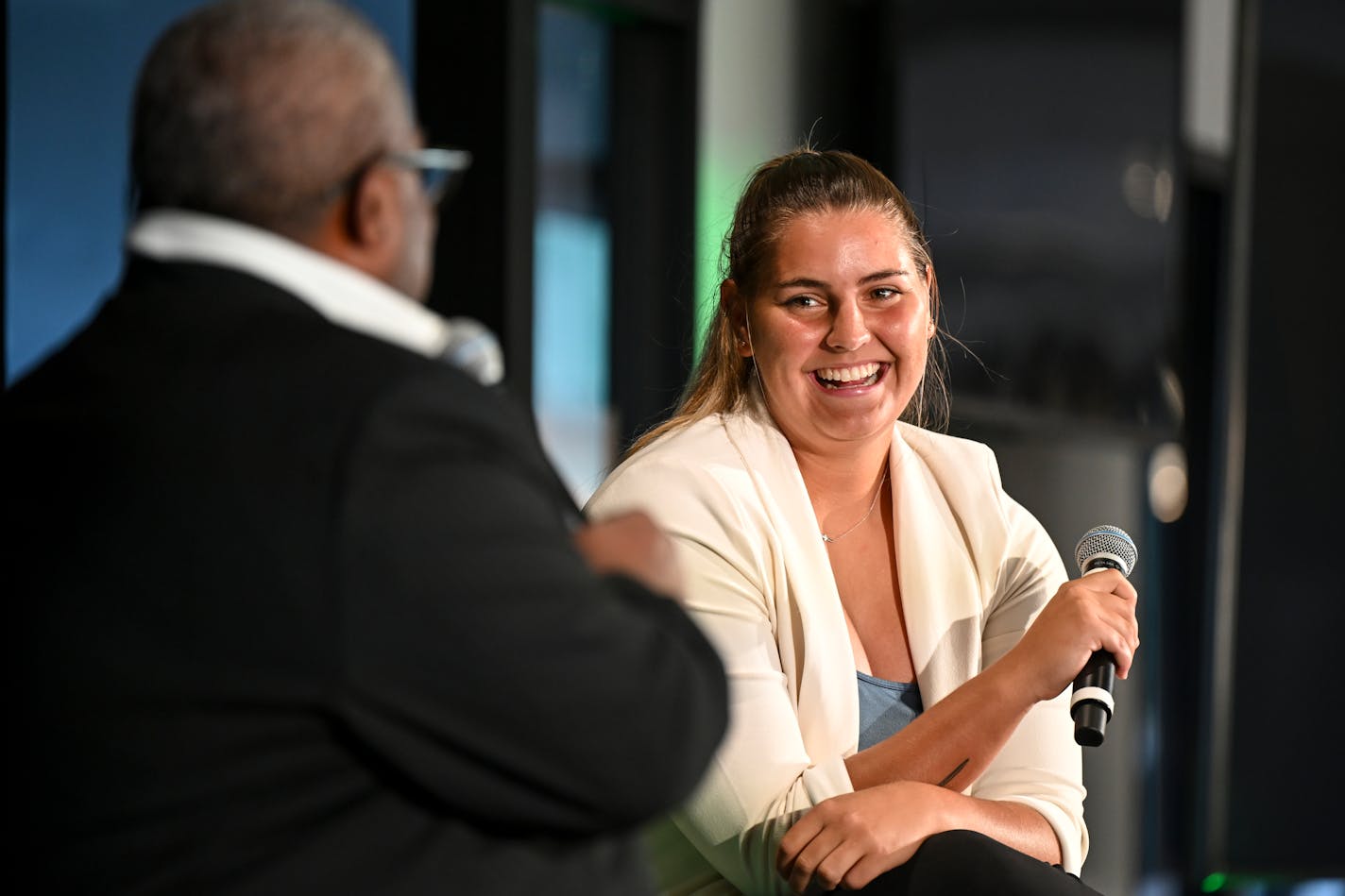 Star Tribune columnist LaVelle Neal leads a discussion with Minnesota Aurora Goalkeeper Sarah Fuller during the Star Tribune's All-Metro Sports Awards gala Wednesday, July 27, 2022 at Allianz Field in St. Paul, Minn.] aaron.lavinsky@startribune.com