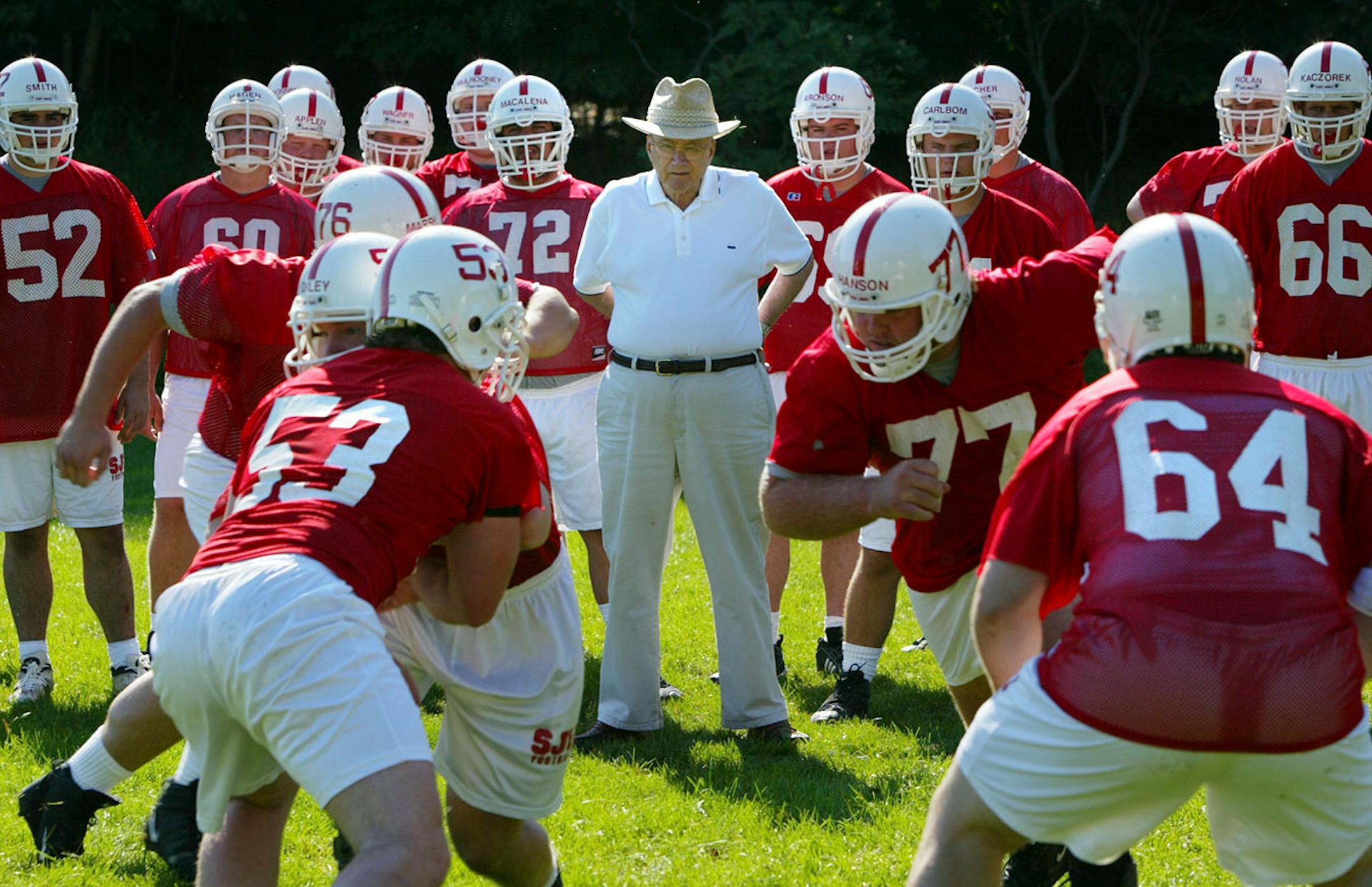 John Gagliardi presided over the opening of St. John's football practice in August of 2002.