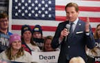Dean Phillips held an election eve rally in his New Hampshire campaign headquarters Monday, Jan. 22, 2024  Manchester, New Hampshire   ] GLEN STUBBE �