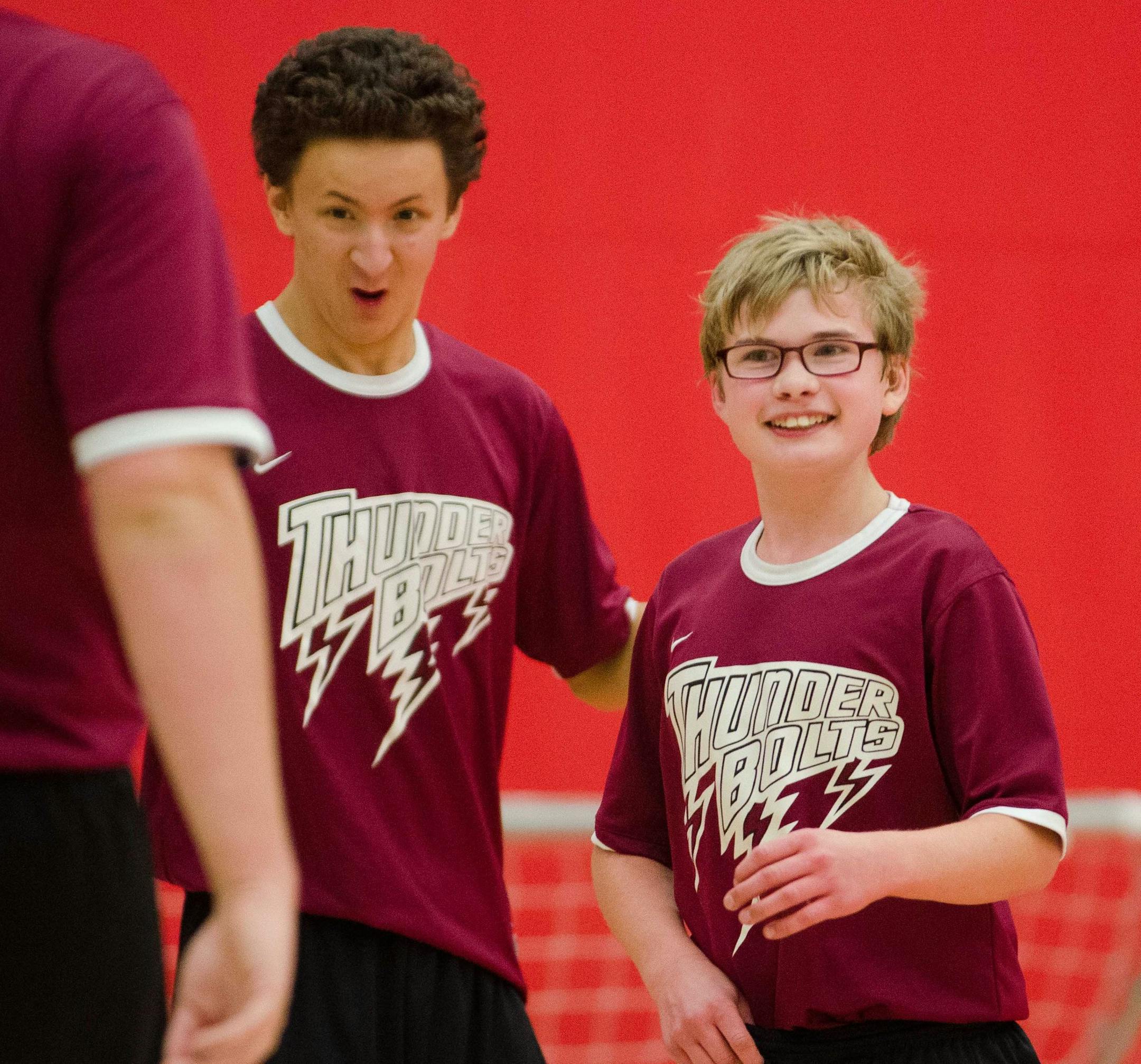 South Washington County forward Bryce Smith, right, is all smiles after scoring a game-tying goal against Dakota United in the second half. ] AARON LAVINSKY • aaron.lavinsky@startribune.com The Dakota United Hawks take on the South Washington County Thunder Bolts in the Cognitively Impaired Adapted Soccer Championship Game at Stillwater High School Saturday afternoon.
