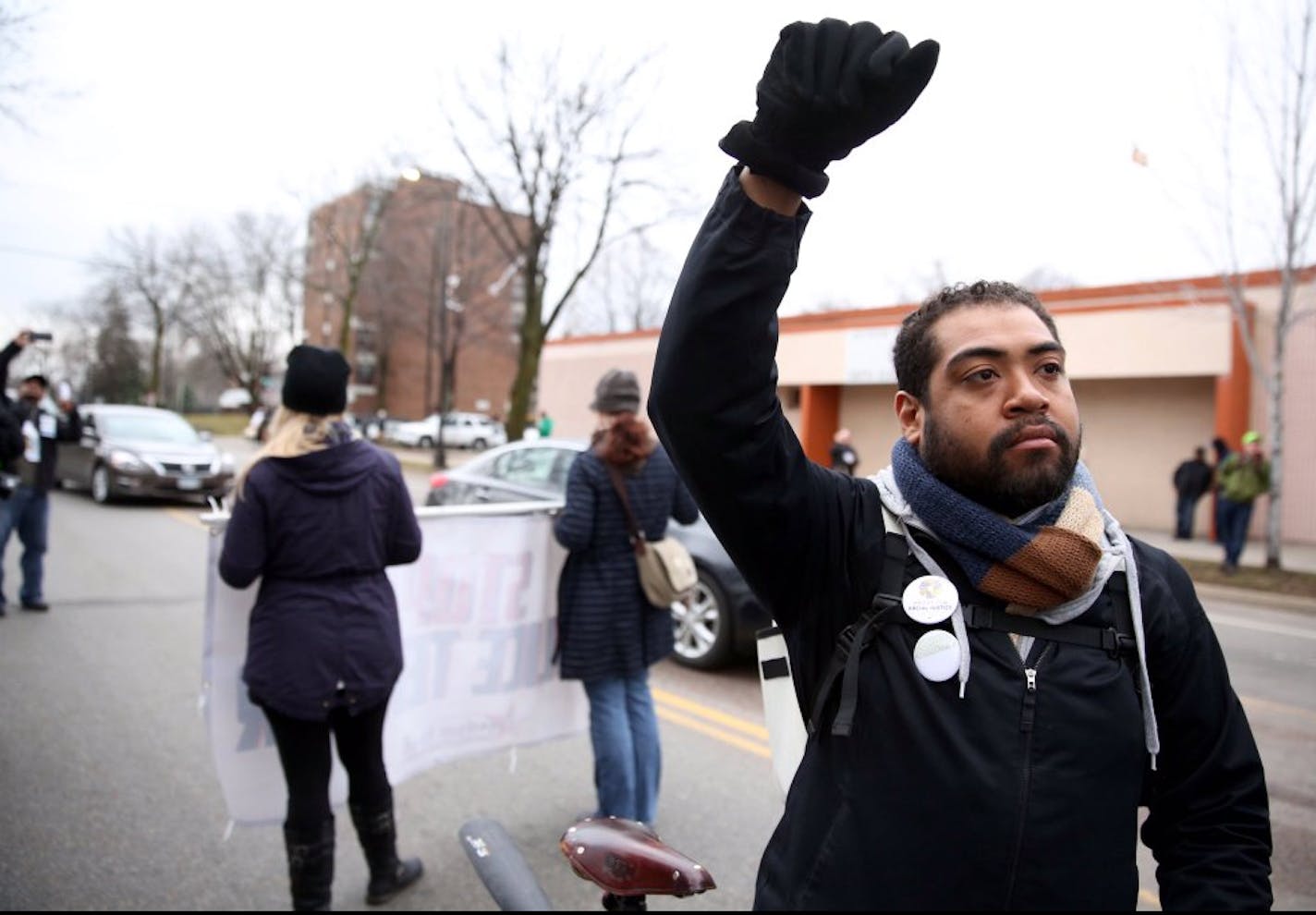 Protesters against the Jamar Clark decision gather along Plymouth Avenue.