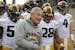 Iowa head coach Kirk Ferentz leads his team on the field before an NCAA college football game against Wisconsin Saturday, Nov. 9, 2019, in Madison, Wi