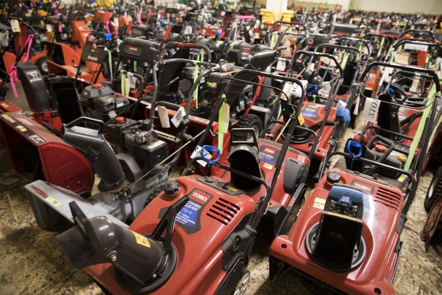 Snowblowers in storage for customers at the Frattallone's Ace Hardware in St. Paul.