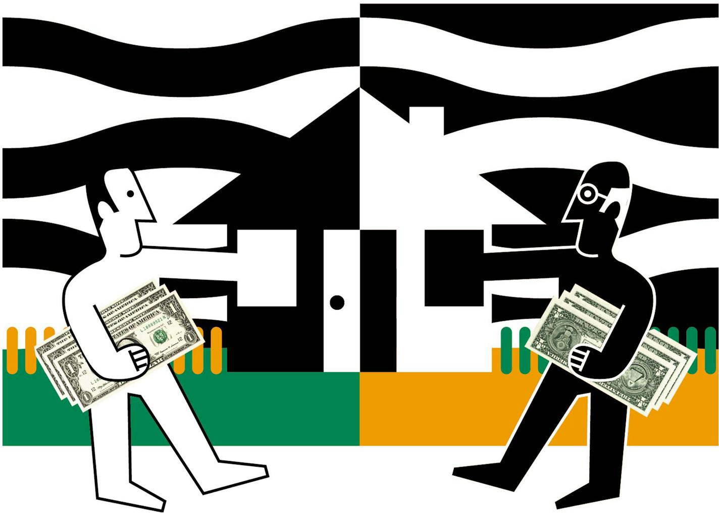 300 dpi 4 col x 5.5 in / 196x140 mm / 667x475 pixels Sergio Pecanha color illustration of two home buyers carrying cash in a reverse image of each other. The Dallas Morning News 2003 With PFP-REAL-REVERSE-BIZPLUS:DA, The Dallas Morning News by Anuradha Raghunathan <p>
KEYWORDS: krtbusiness business krtnational national krtworld world krtintlbusiness krtnamer north america krtrealestate real estate krtusbusiness u.s. us united states bienes buyer buying casa coddington contrario contributed da di