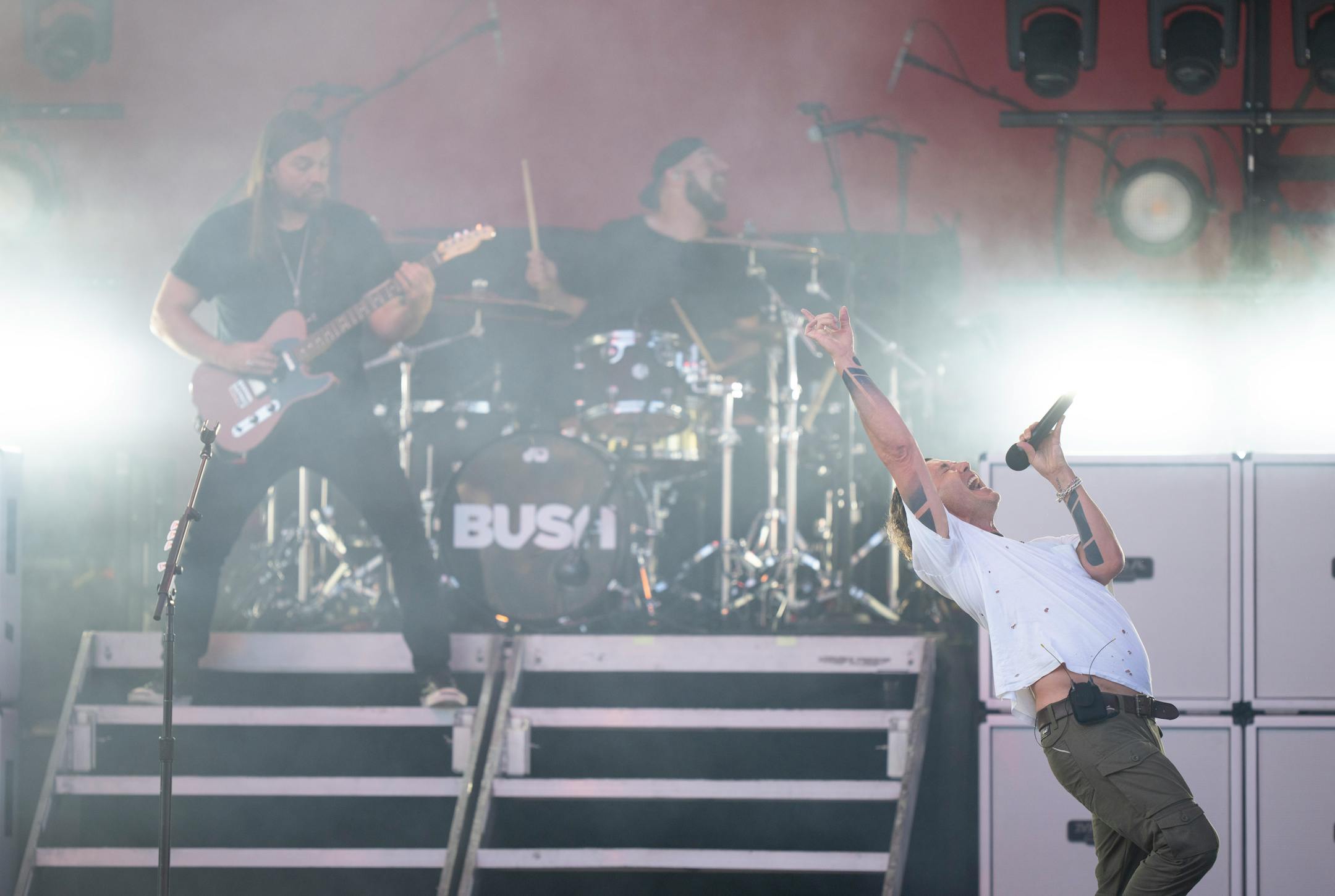 Lead singer Gavin Rossdale with guitarist Chris Traynor and drummer Nik Hughes of Bush opened for Alice in Chains.