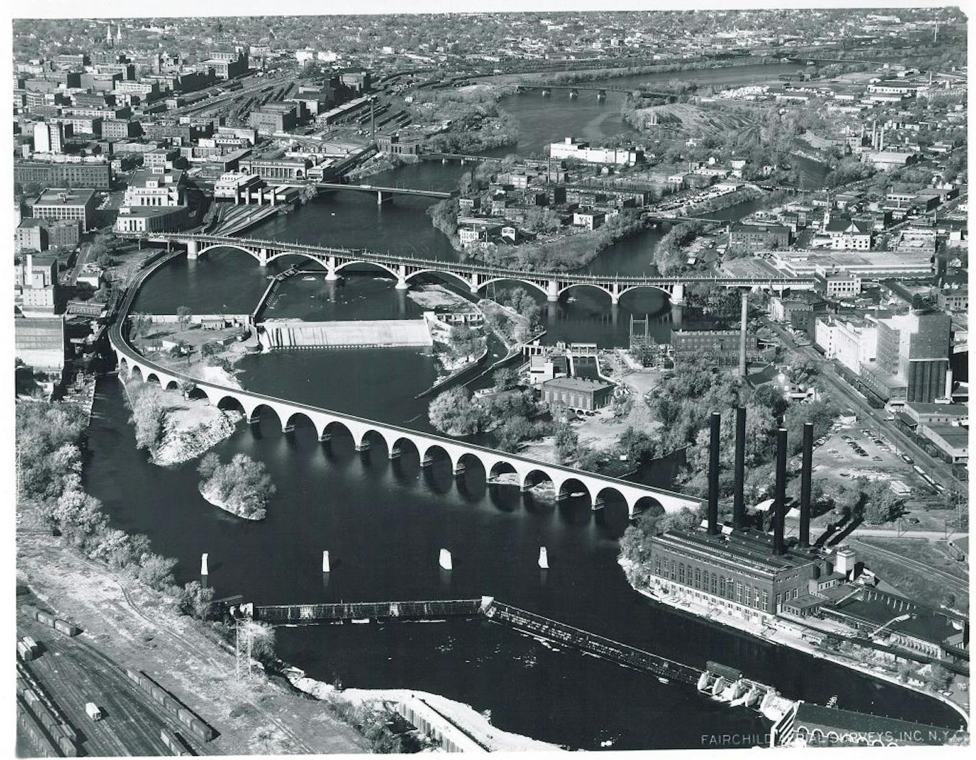 The Minneapolis central riverfront as it appeared in 1950.