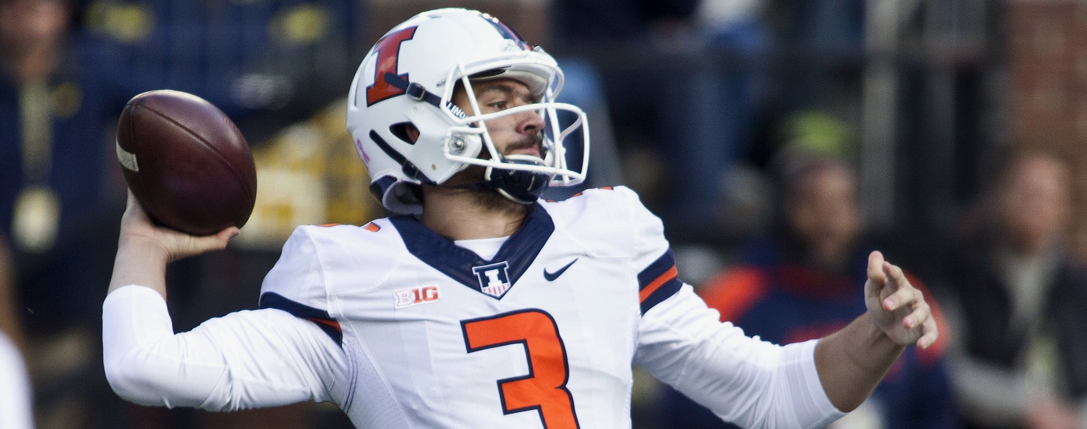 FILE - In this Saturday, Oct. 22, 2016, file photo, Illinois quarterback Jeff George Jr. (3) throws a pass in the first quarter of an NCAA college football game against Michigan at Michigan Stadium in Ann Arbor, Mich. For the second time in three season Illinois (2-5, 1-3 Big Ten) has lined up Minnesota as its homecoming opposition. Last time the Illini upset a Golden Gophers team that competing for a Big Ten West title, winning 28-24 on a late fumble returned for a touchdown. (AP Photo/Tony Din