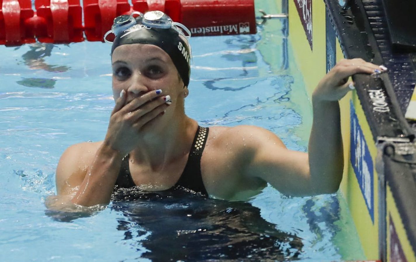 Regan Smith of Lakeville reacts after her women's 200 backstroke semifinal at the World Swimming Championships in Gwangju, South Korea.