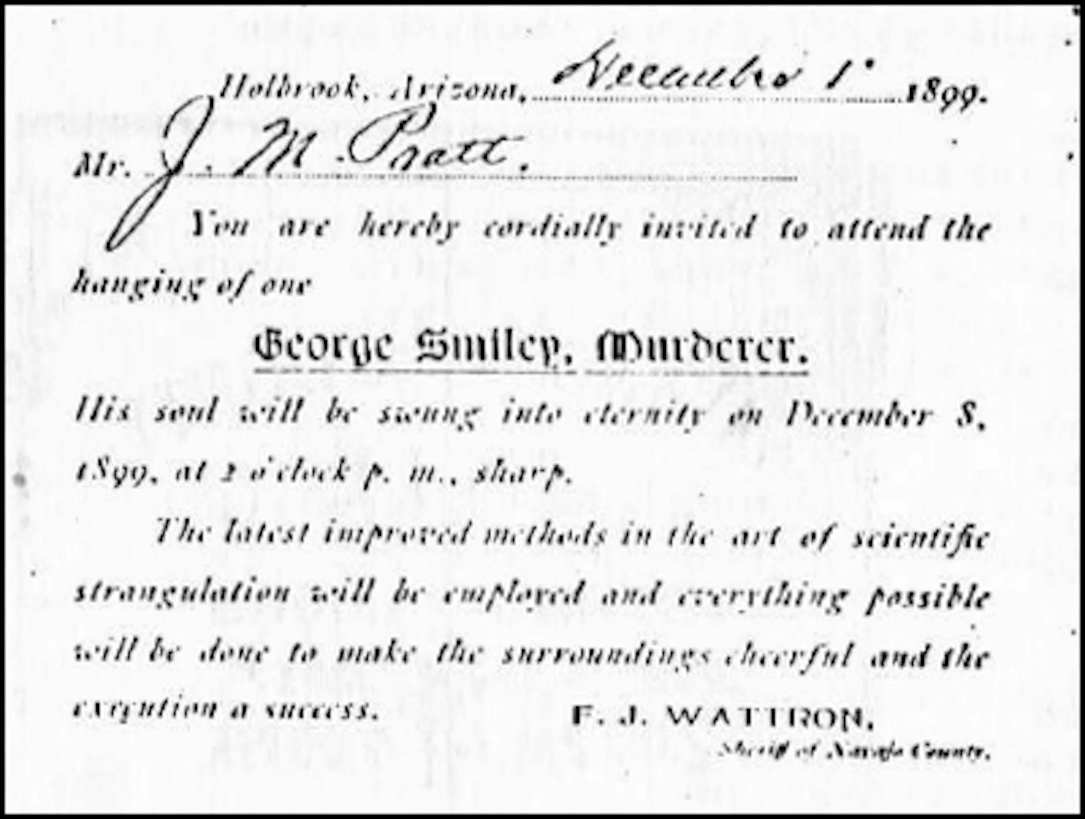 One of two invitations to a hanging sent out by the sheriff of Holbrook, Ariz., in 1900.