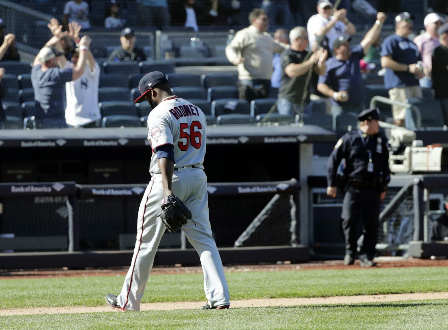 Minnesota Twins relief pitcher Fernando Rodney (56) leaves the field after New York Yankees' Gary Sanchez hit a three-run home run during the ninth inning of a baseball game Thursday, April 26, 2018, in New York. The Yankees won 4-3. (AP Photo/Frank Franklin II)