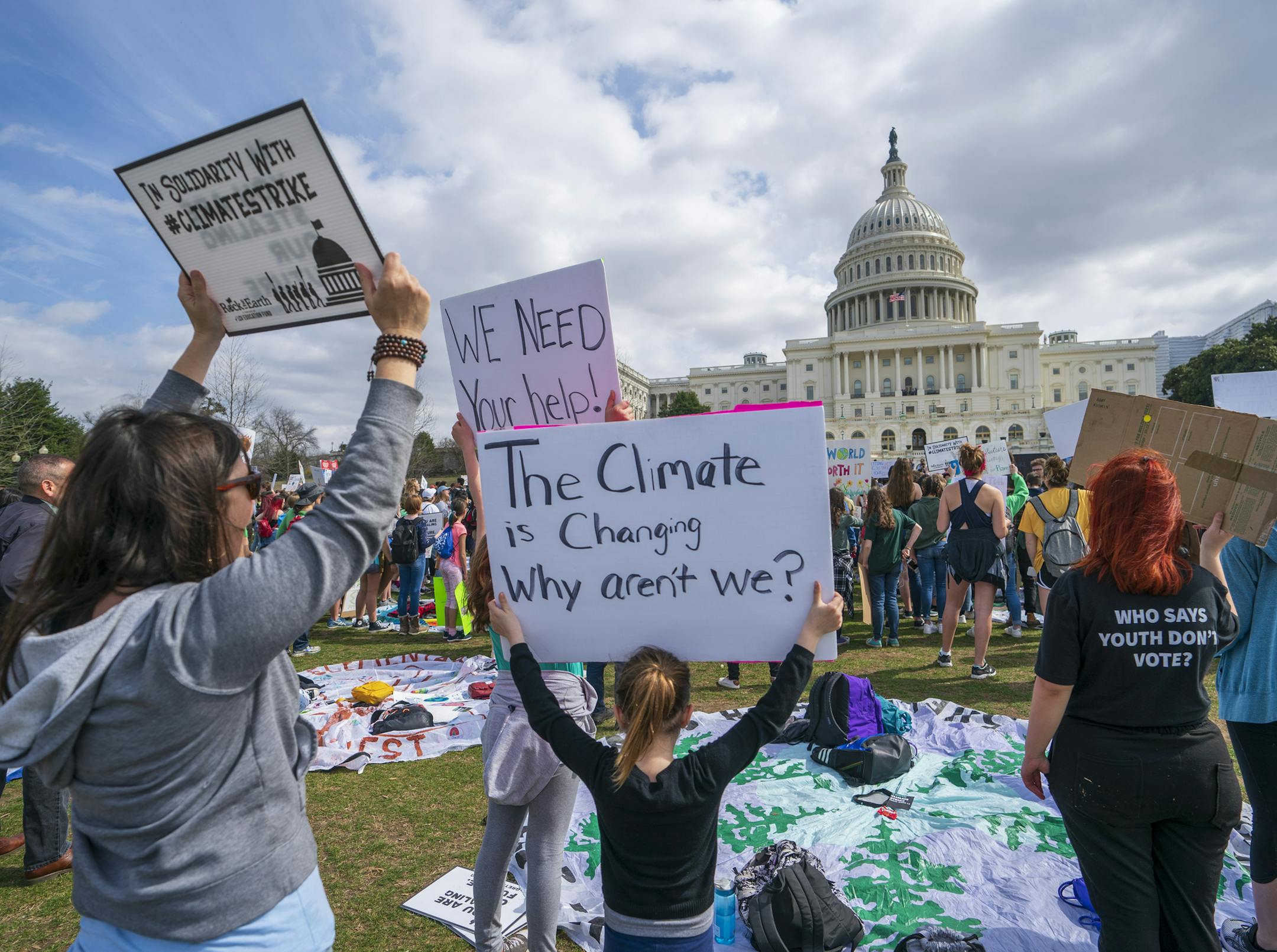 Young demonstrators join the International Youth Climate Strike event at the Capitol in Washington, Friday, March 15, 2019. (AP Photo/J. Scott Applewhite) ORG XMIT: DCSA101