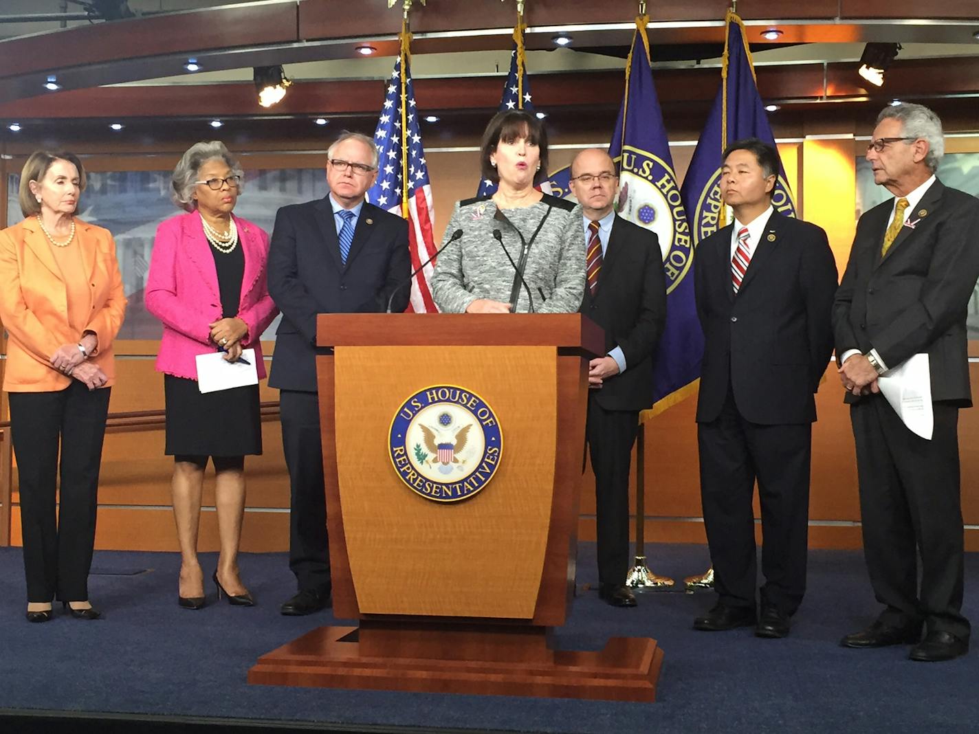 Rep. Betty McCollum spoke Tuesday about the lawmakers' trip. At left is Rep. Tim Walz.