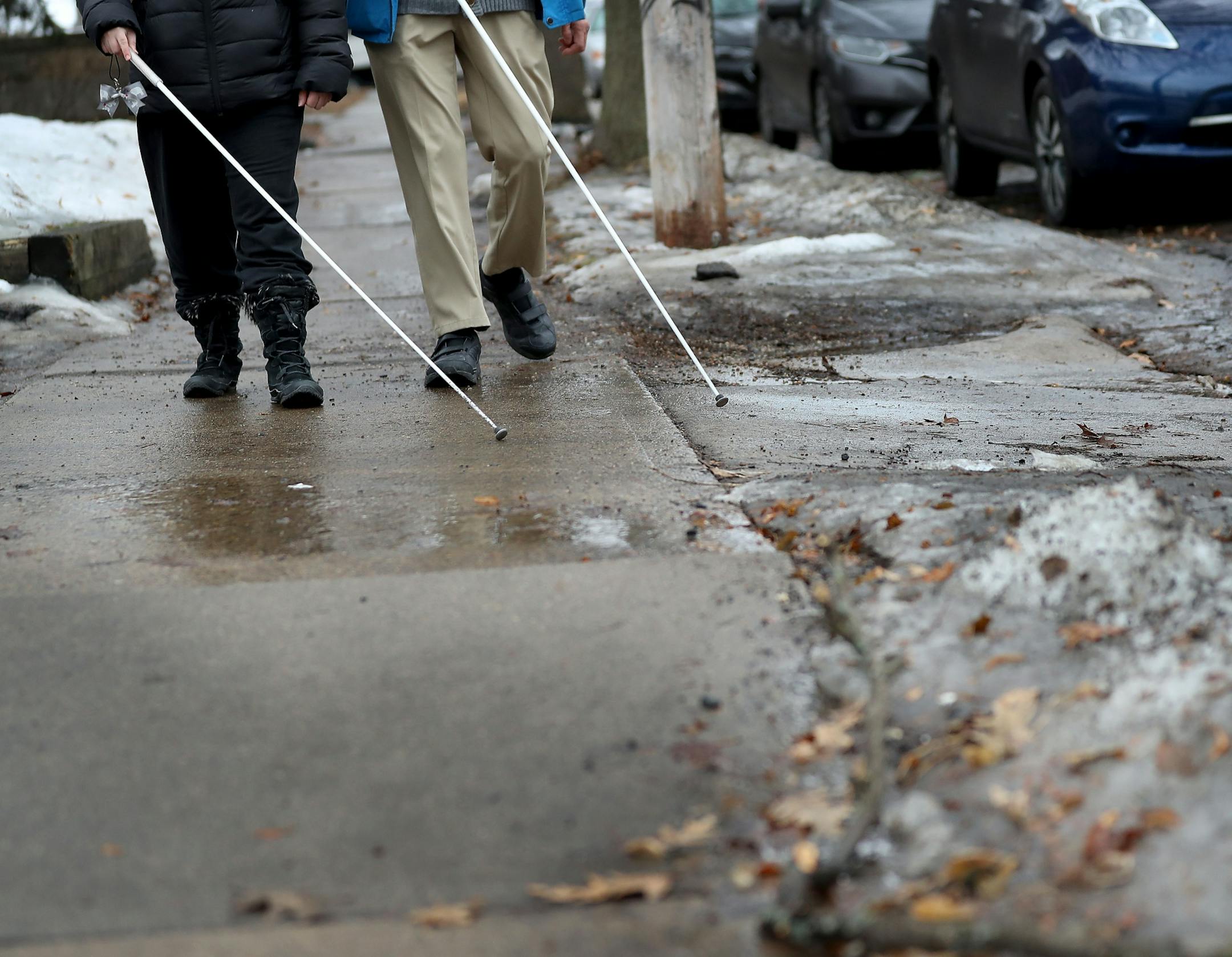 Through a class at Blind, Inc. Angie Castro, 30, is learning to navigate Minneapolis, including crossing busy streets around Blind, Inc. headquarters, near the Minneapolis Art Institute. Castro, left, was out with Mark Erickson, cane travel instructor, familiarizing herself with the city and bus routes Thursday, March 5, 2020, in Minneapolis, MN.