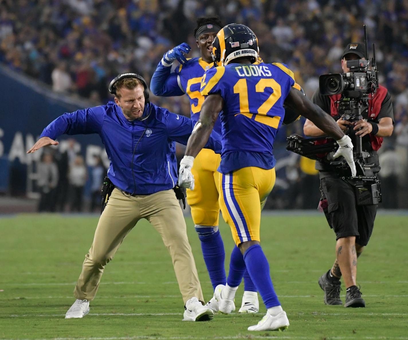 Los Angeles Rams head coach Sean McVay celebrates after a touchdown by wide receiver Brandin Cooks