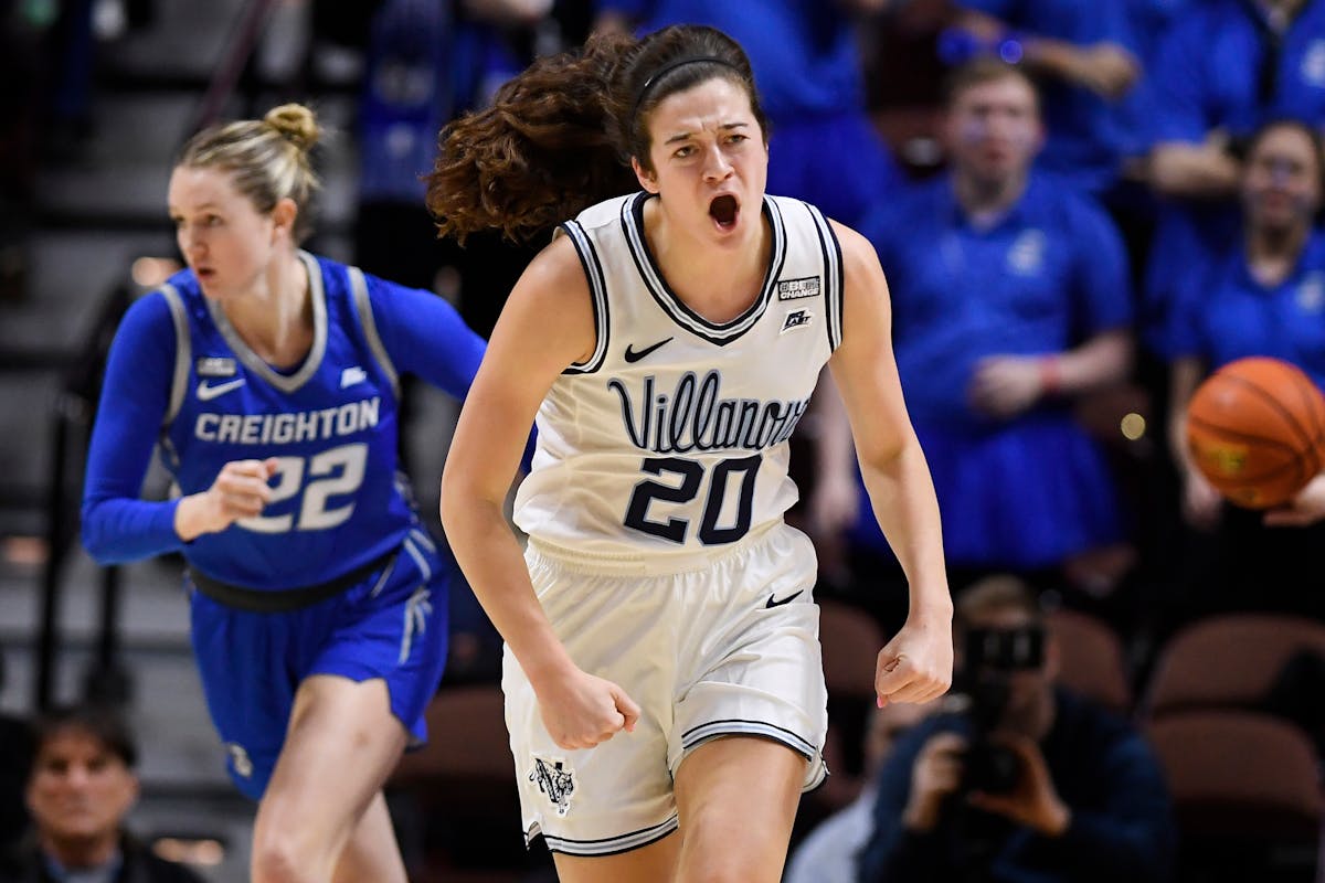 Villanova's Maddy Siegrist (20) reacts during the first half of an NCAA college basketball game against Creighton in the semifinals of the Big East Co