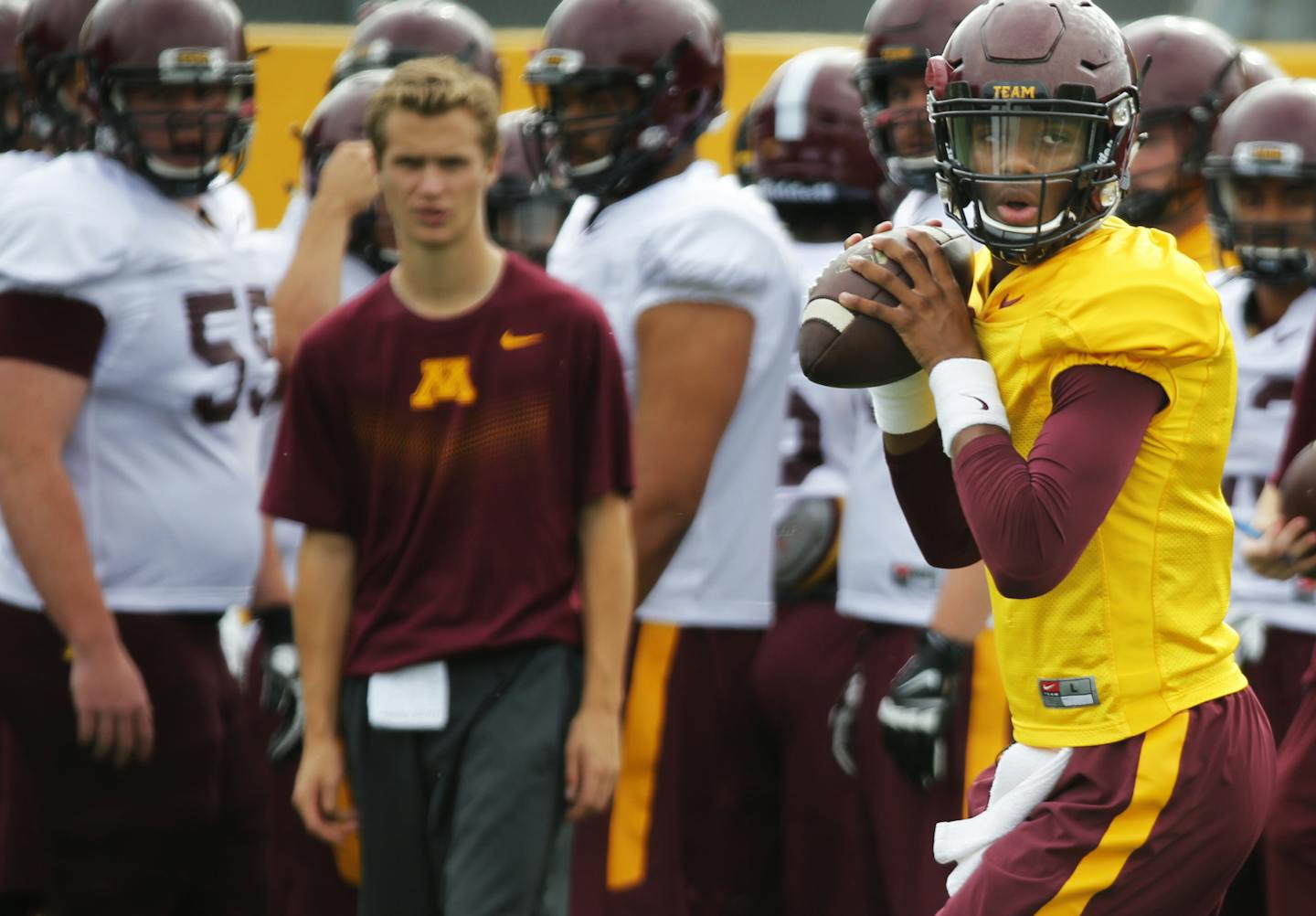 At the Nagurski Complex of the U of M complex, the Gophers football squad QB Demry Croft(11) went through drills] Richard Tsong-Taatarii/rtsong-taatarii@startribune.com ORG XMIT: MIN1508091149180239