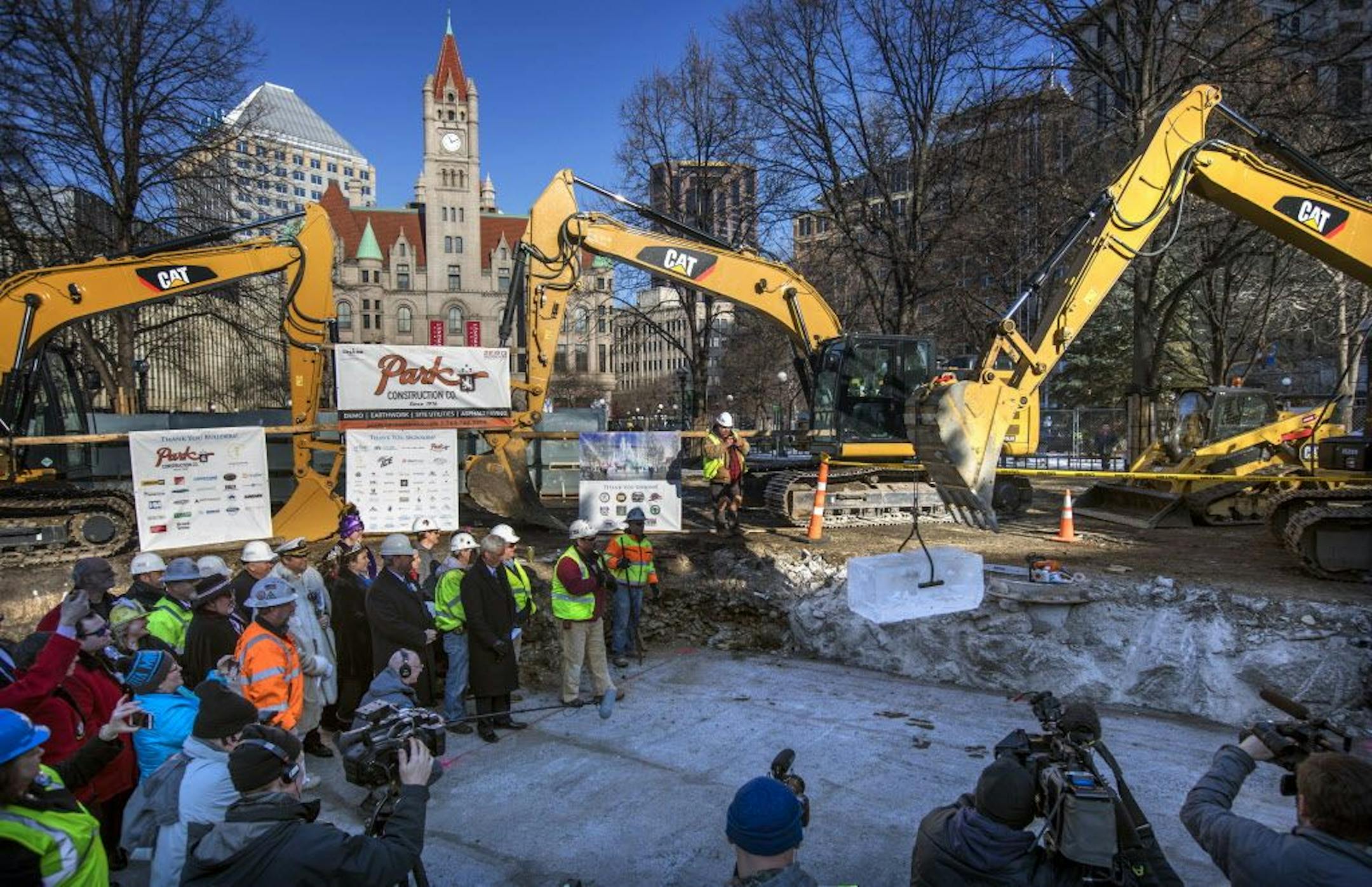 Dignitaries and winter carnival royalty gathered Tuesday, Jan. 9, 2018, for the laying of the first Ice block for the St. Paul Winter Carnival Ice Palace to be built in Rice Park. The ice palace is expected to be 70-feet tall and use 4,000 blocks of ice, each weighing 500 pounds.