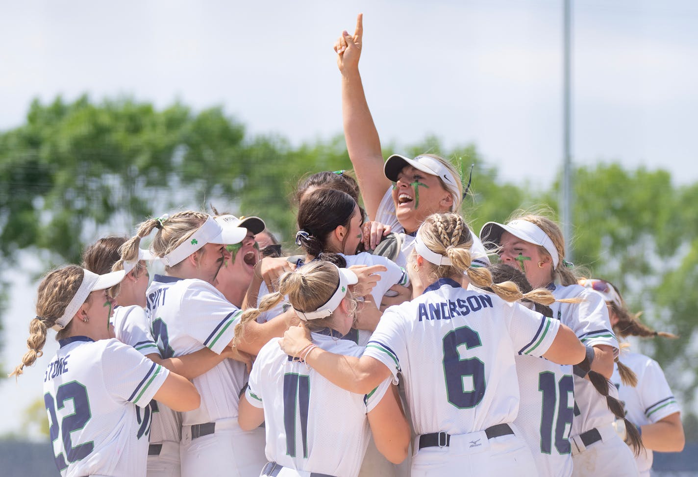 Rosemount players celebrate after defeating Forrest Lake 6-1 to win the MSHSL class 4A softball state championship game Friday, June 9, 2023, at Caswell Park in North Mankato, Minn. ]