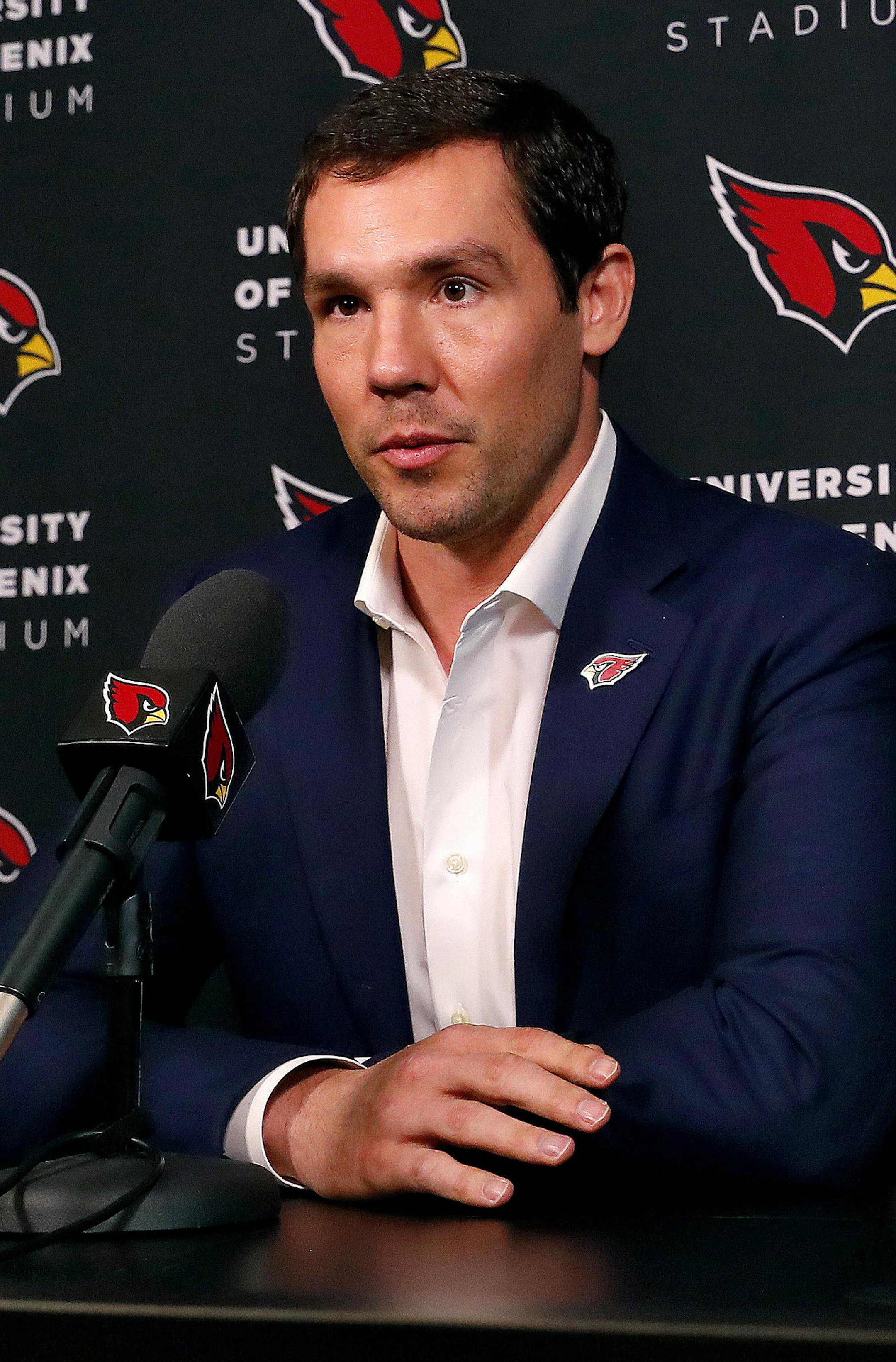 Arizona Cardinals new quarterback Sam Bradford speaks at an NFL football news conference Friday, March 16, 2018, at the teams' facility in Tempe, Ariz. (AP Photo/Matt York)