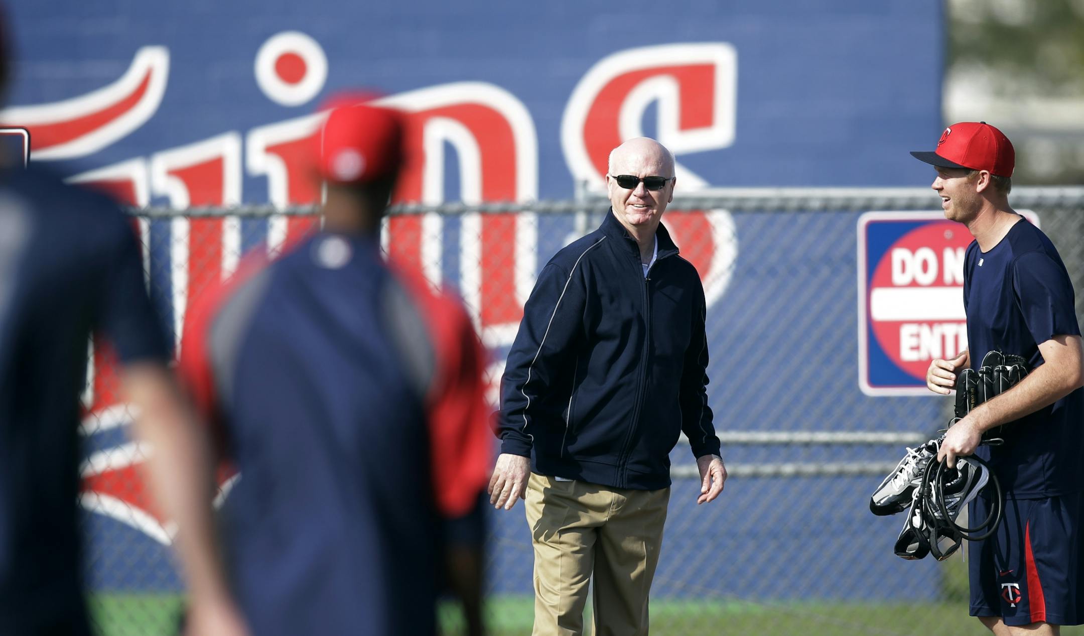 Minnesota Twins GM Terry Ryan talked with players at Lee County Sports Complex in Fort Myers, FL during last season's spring training.