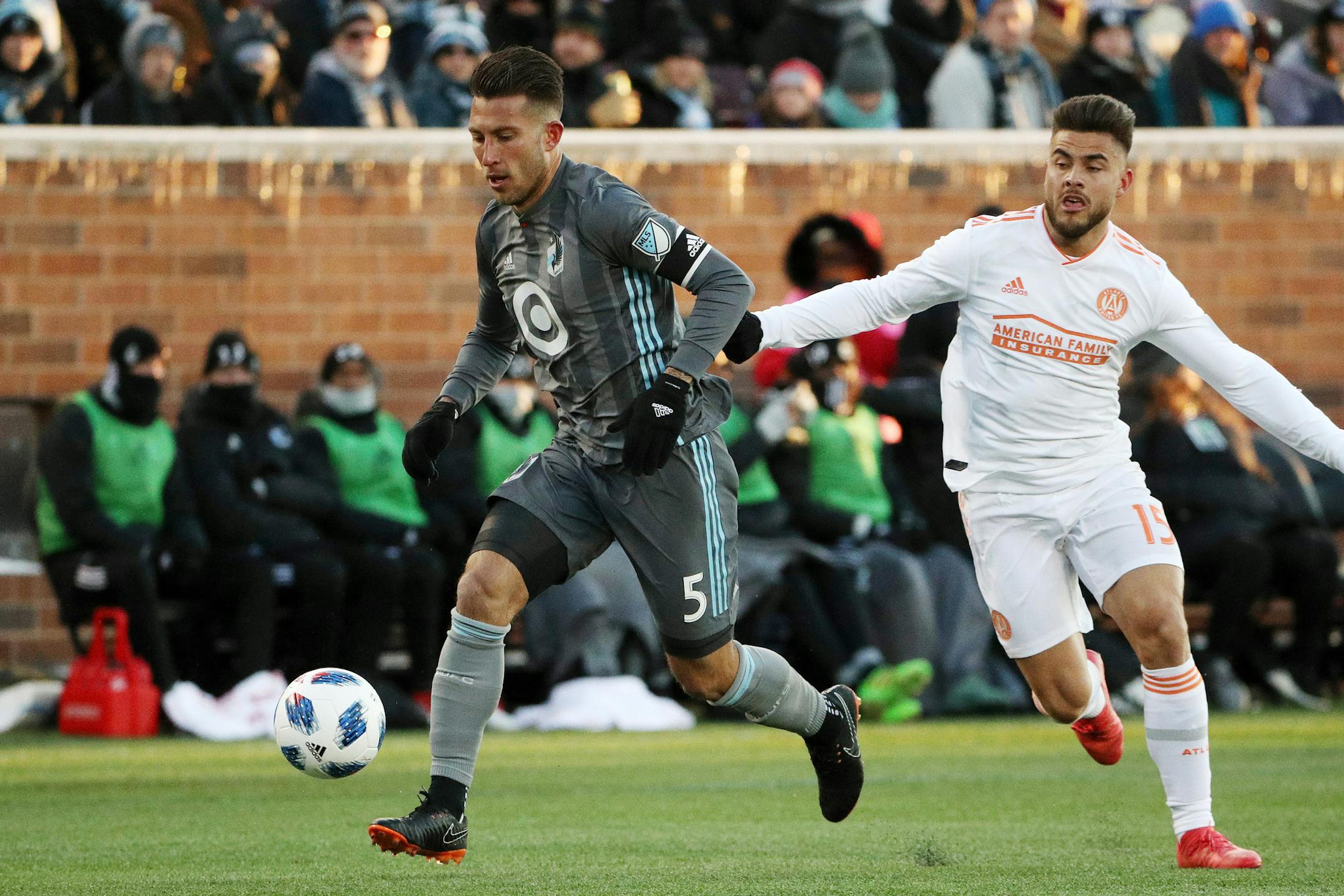 Minnesota United defender Francisco Calvo (5) took the ball from Atlanta United forward Hector Villalba (15) in the first half. ] ANTHONY SOUFFLE &#xef; anthony.souffle@startribune.com Minnesota United played Atlanta United in an MLS soccer match Saturday, March 31, 2018 at TCF Bank Stadium in Minneapolis.
