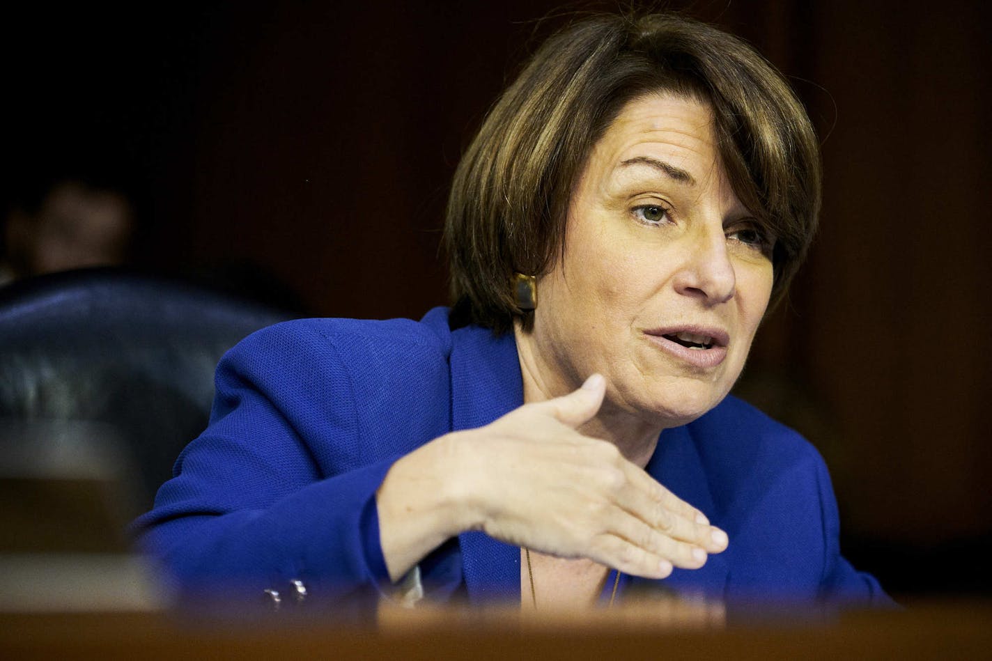 Sen. Amy Klobuchar (D-Minn.) questions Judge Brett Kavanaugh, President Donald Trump&#x2019;s nominee for the U.S. Supreme Court, testifies during his confirmation hearing before the Senate Judiciary Committee on Capitol Hill in Washington, Sept. 5, 2018. (T.J. Kirkpatrick/The New York Times)