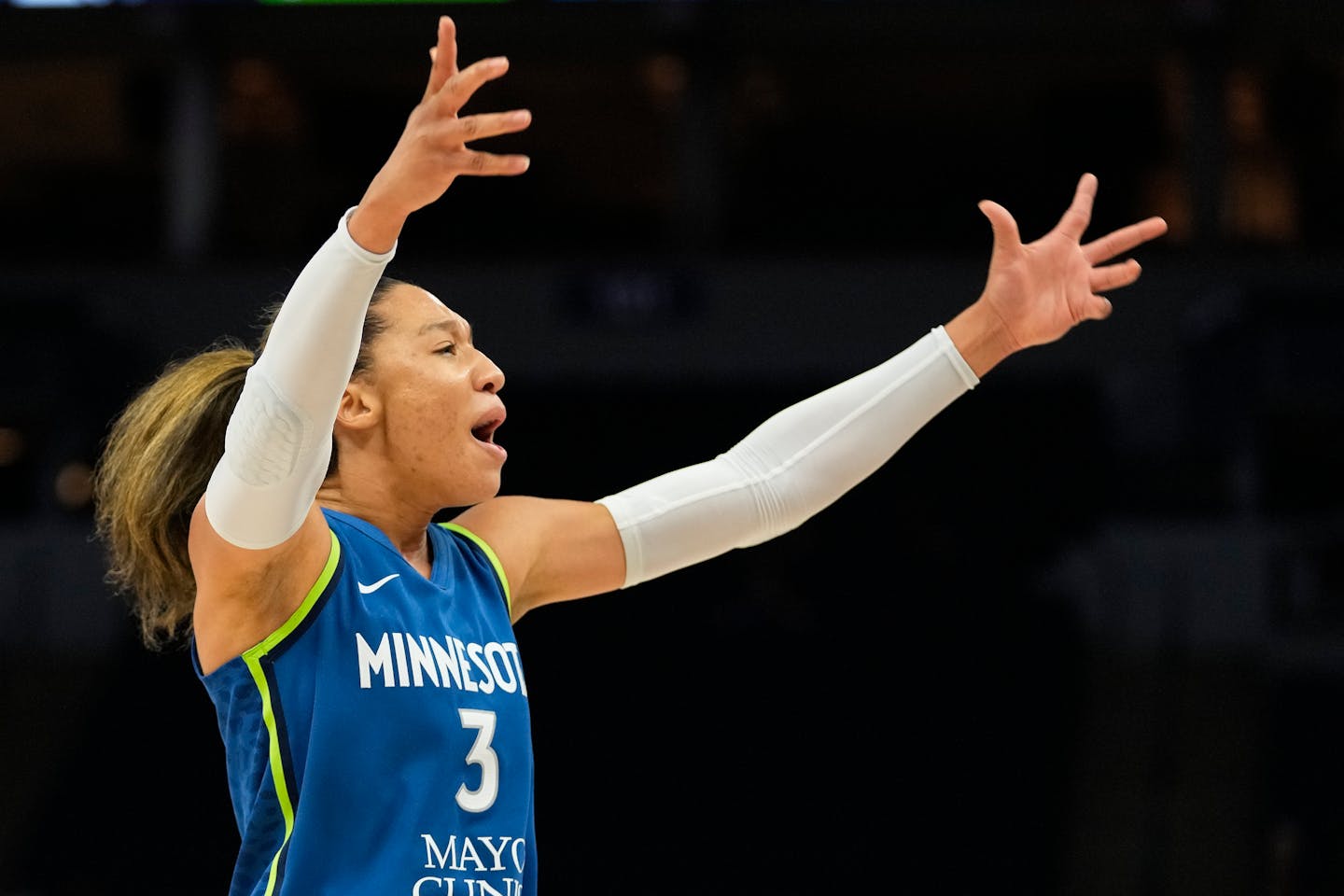 Minnesota Lynx forward Aerial Powers (3) celebrates after a backcourt violation on the Atlanta Dream during the second half of a WNBA basketball game Friday, Sept. 1, 2023, in Minneapolis. (AP Photo/Abbie Parr)