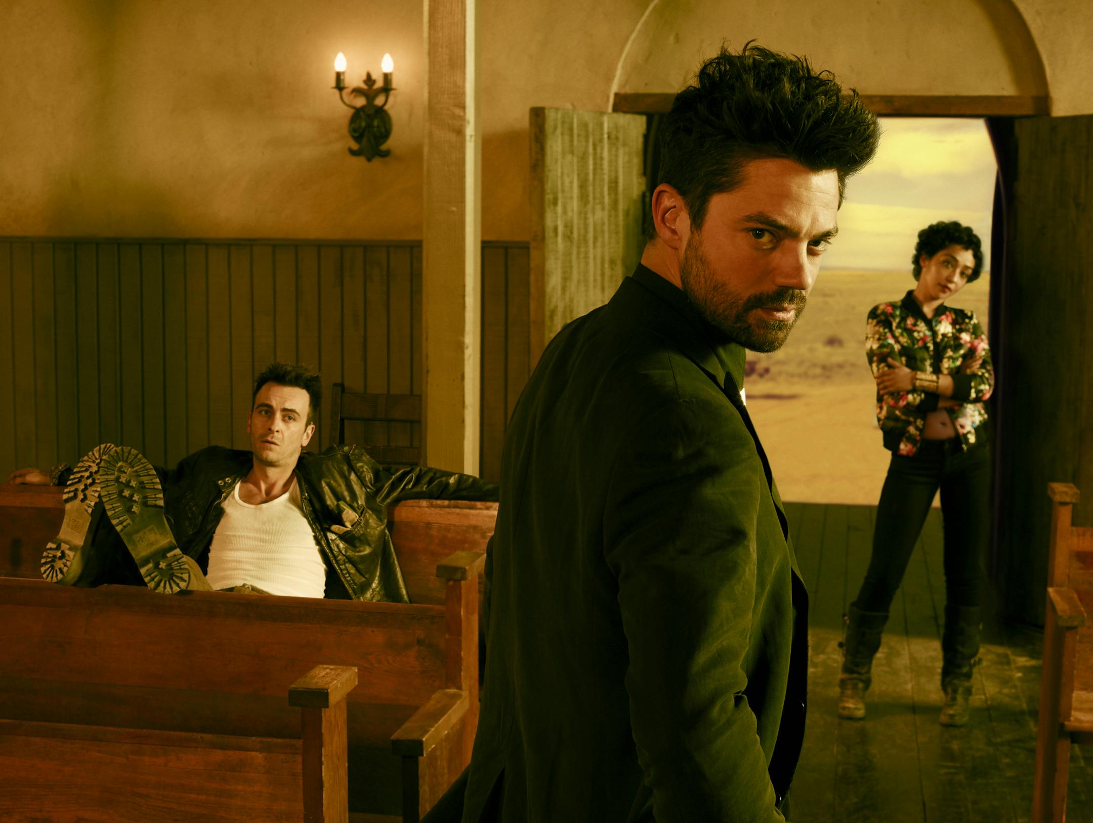 Joseph Gilgun, Dominic Cooper and Ruth Negga star in AMC’s adaptation of the graphic novel “Preacher.”	AMC