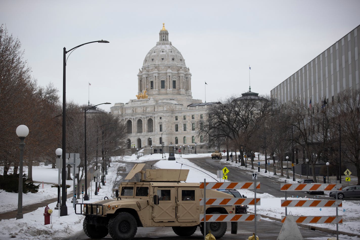 A National Guard Humvee blocked the road leading to the Minnesota State Capitol in St. Paul earlier in January.