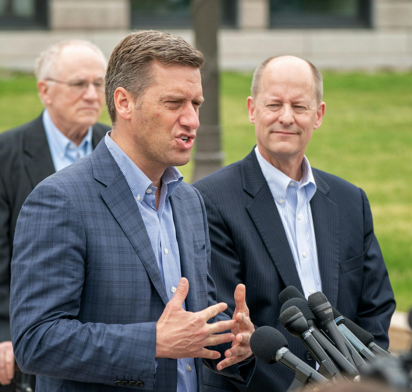 Republican legislative leaders House Speaker Kurt Daudt and Senate Majority Leader Paul Gazelka came together outside the Capitol Monday to to list their accomplishments and encourage Governor Dayton to sign their bills instead of veto them. They were joined by Minnesotans who would be negatively impacted by the vetos. ] GLEN STUBBE • glen.stubbe@startribune.com Monday, May 21, 2018 At a press announcement at the State Office Building in St. Paul.