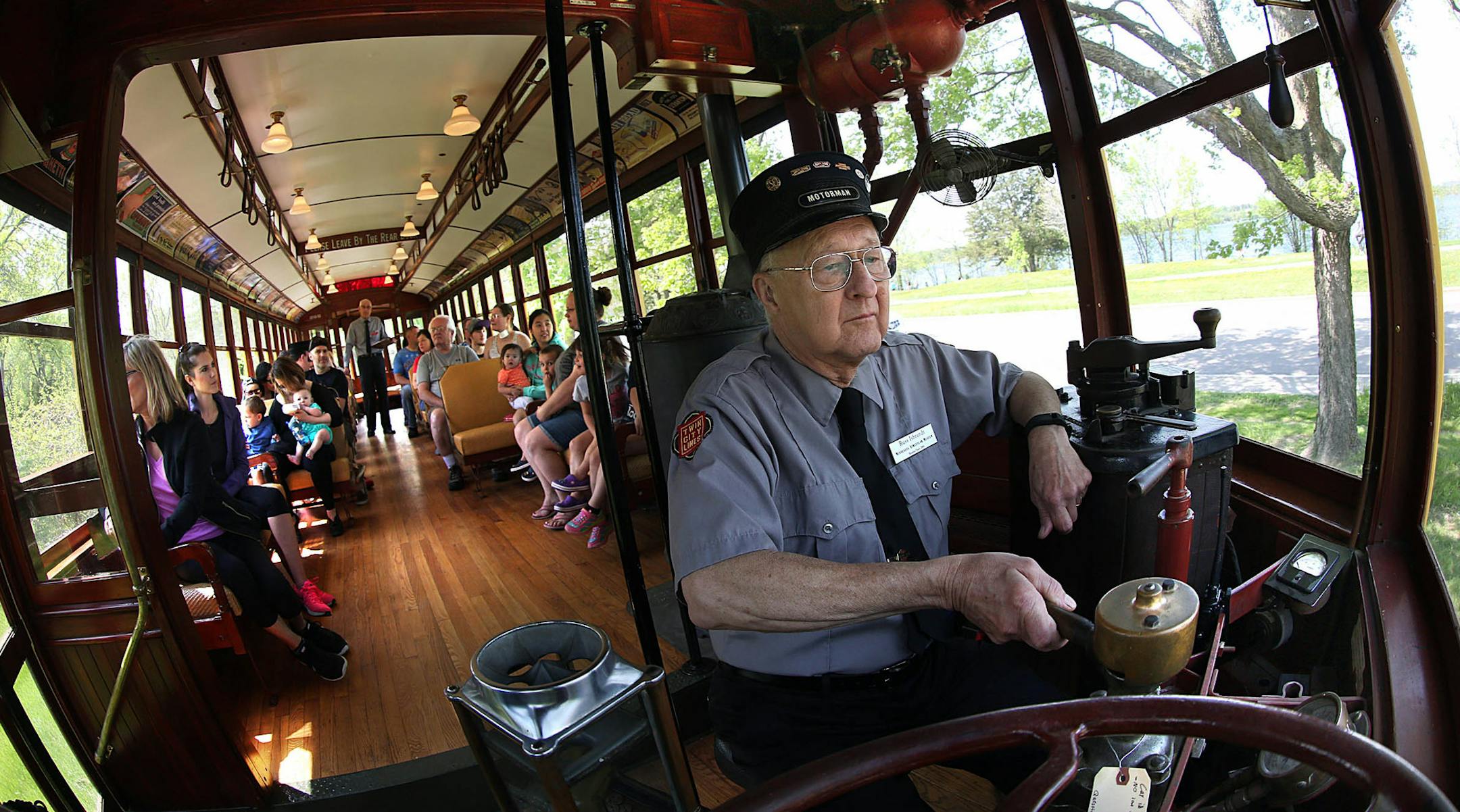 Volunteer motorman Russ Isbrandt guided a trolley car along the historic Como-Harriet Streetcar Line between lakes Harriet and Calhoun in Minnapolis.