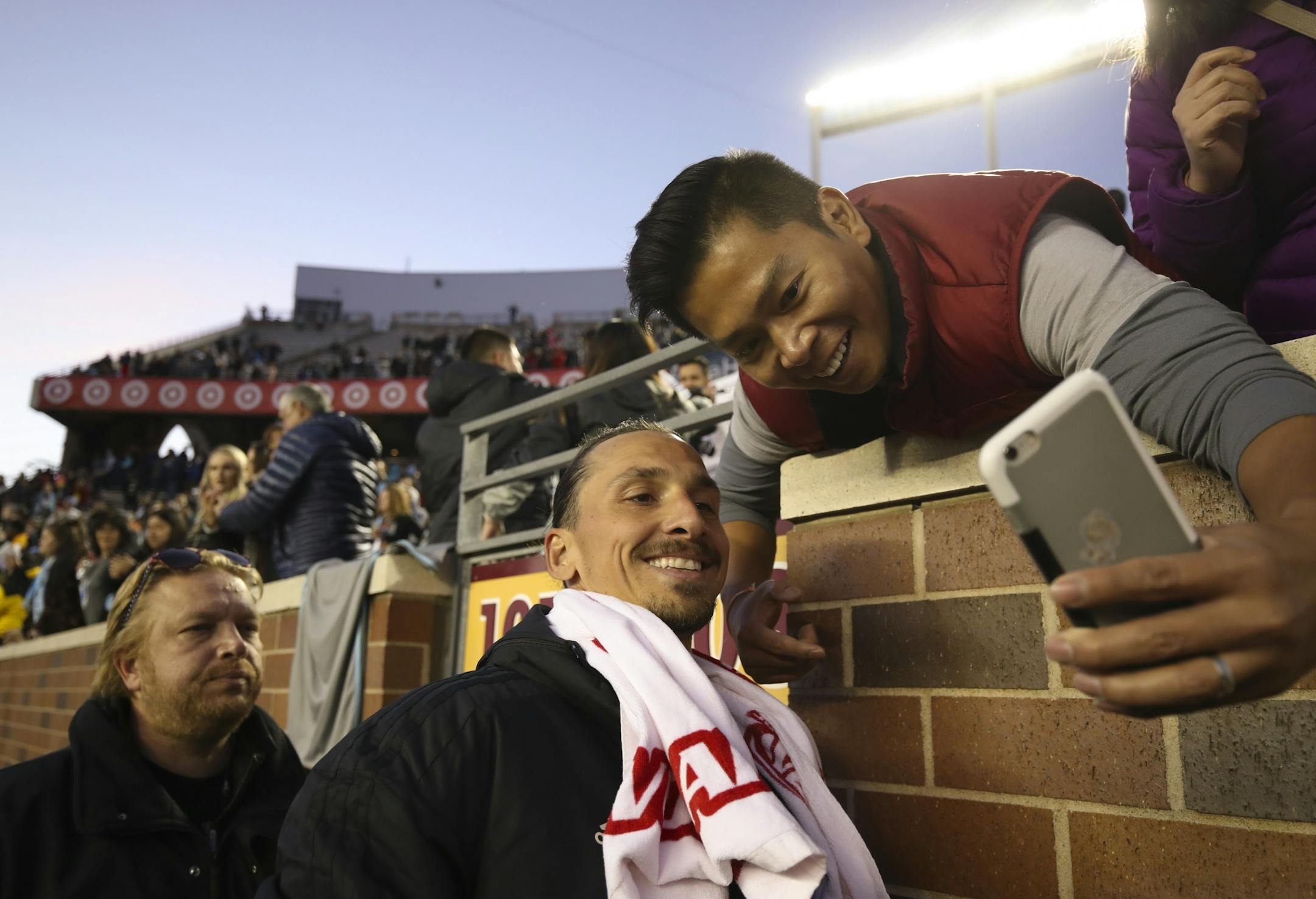 Los Angeles Galaxy forward Zlatan Ibrahimovic (9) posed for a selfie with a fan after the game.