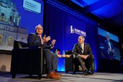 Gov. Tim Walz spoke as he was interviewed by Minnesota Chamber President Doug Loon during the Minnesota Chamber of Commerce's annual policy kickoff ev