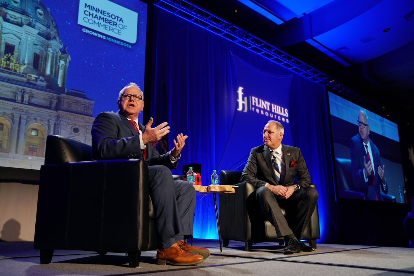 Gov. Tim Walz spoke as he was interviewed by Minnesota Chamber President Doug Loon during the Minnesota Chamber of Commerce's annual policy kickoff event Wednesday.