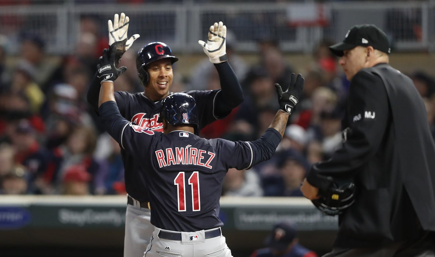 Jose Ramirez celebrated a two-run homer with Michael Brantley