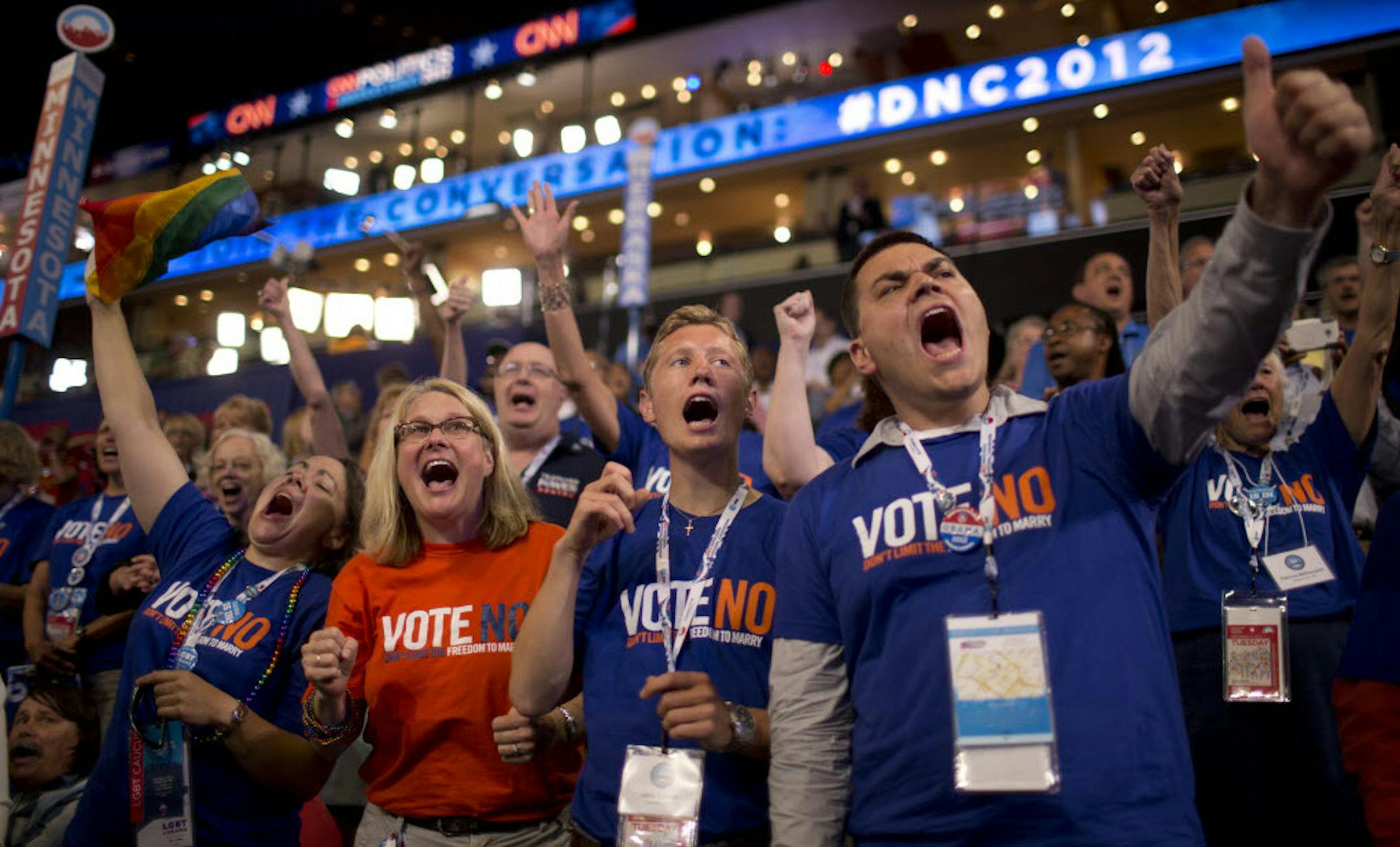The Minnesota delegation shouted "aye" to adopt the 2012 Democratic Party platform on the opening night of the party's convention.