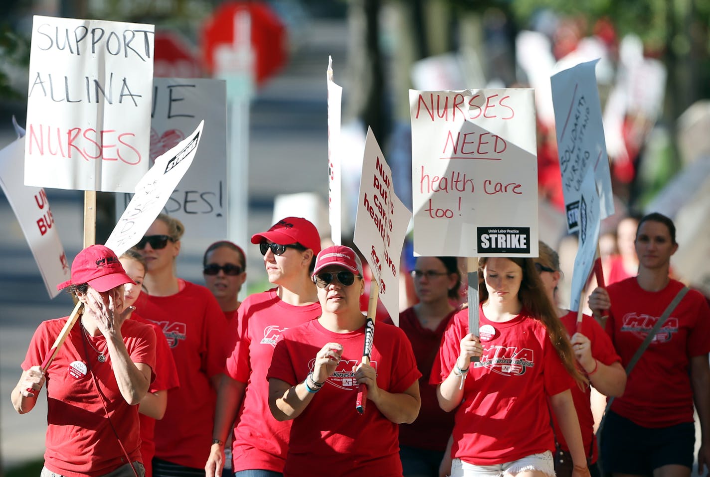 Thousands of nurses walked around Abbott Northwestern on the first day of the strike, June 19, 2016, in Minneapolis.