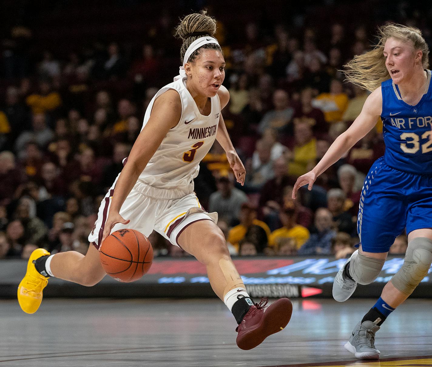 Gophers guard/forward Destiny Pitts (shown driving to the basket in a game against Air Force earlier this season) scored a career-high 35 points in a 77-69 victory over Boston College on Sunday.