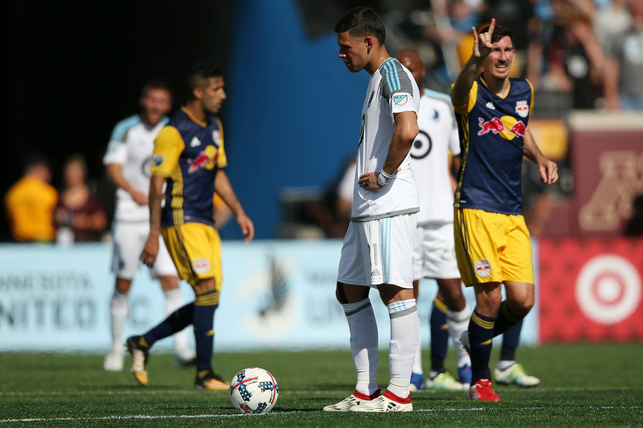 Minnesota United forward Christian Ramirez (21) waited for play to resume after the New York Red Bulls scored their second goal of the game in the second half. ] ANTHONY SOUFFLE � anthony.souffle@startribune.com Game action from an MLS game between the Minnesota United and the New York Red Bulls Saturday, July 22, 2017 at TCF Bank Stadium in Minneapolis.