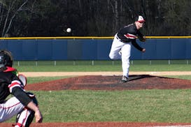 Stillwater Area High School Senior Will Frisch (15) pitched the ball. ] COURTNEY DEUTZ • courtney.deutz@startribune.com on Friday, April 26, 2019 at