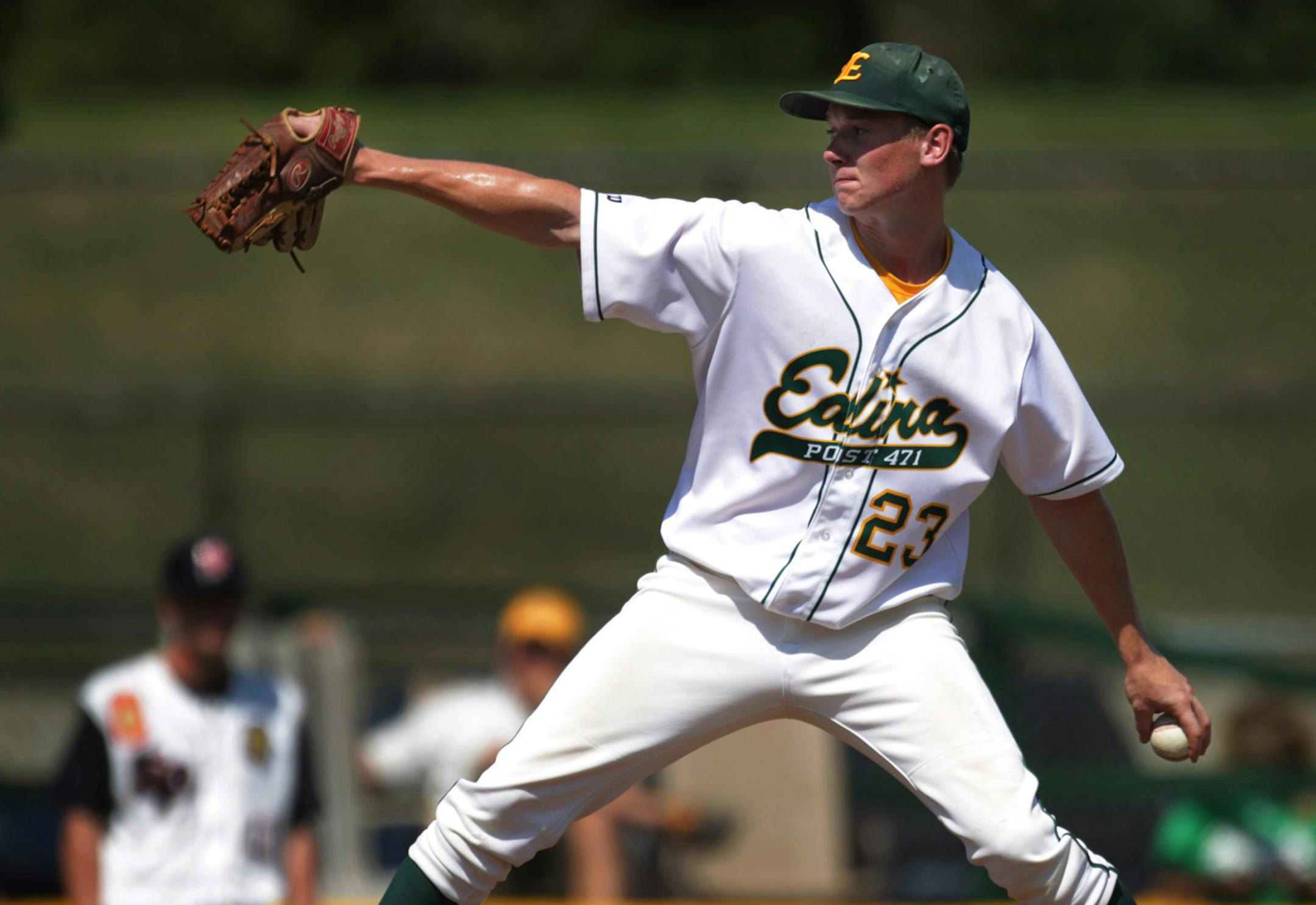 Edina's pitcher Matt Hopfner threw a pitch to a Eden Prairie hitter Monday August 6, 2012 Chaska ,MN .Edina won the Minnesota state Division I American Legion baseball championship Monday, topping Eden Prairie 9-5 in the final game at Chaska Athletic Park.] Jerry Holt/ STAR TRIBUNE.COM) ORG XMIT: MIN2013040913070815