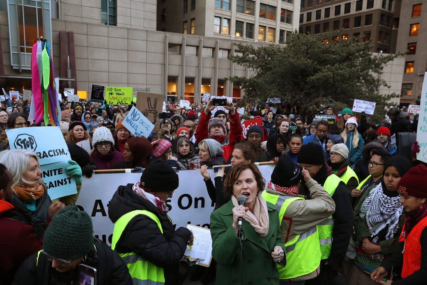 Minneapolis Mayor Betsy Hodges spoke in support of protesters as they gathered for a rally against President Donald Trump's temporary immigration ban on seven predominantly Muslim countries Tuesday.