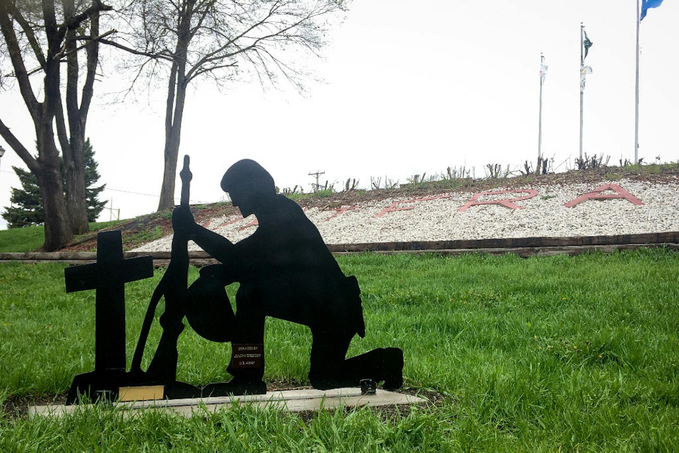Photo by Liz Sawyer: Now removed, the "Joe" statue at the Belle Plaine Veterans Park sparked a years-long battle over free speech and religious imagery.