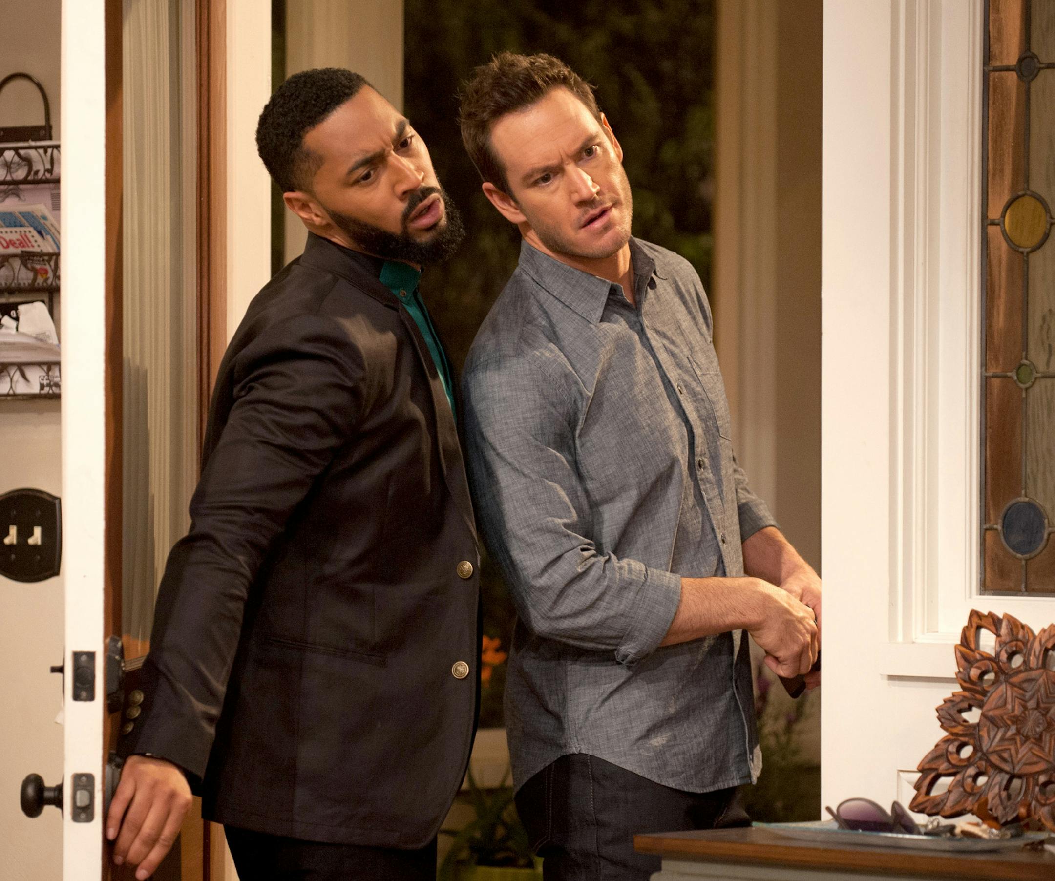 Colleen Hayes/NBC Tone Bell, left, and Mark-Paul Gosselaar in the premiere episode of the sitcom "Truth Be Told." ORG XMIT: Season:Pilot