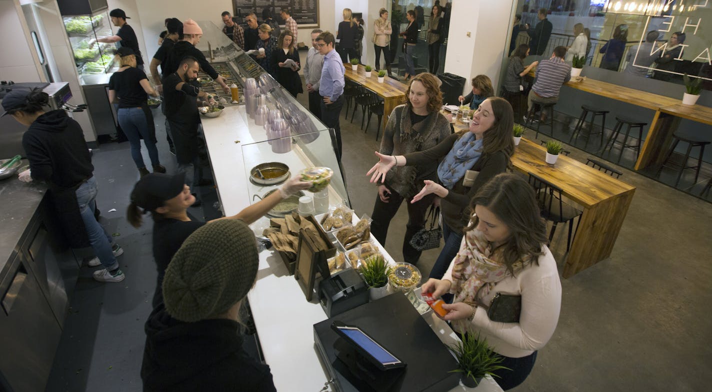 During a recent (and typically busy) lunch rush, Green + the Grain had a line going out the door and down the skyway in LaSalle Plaza.