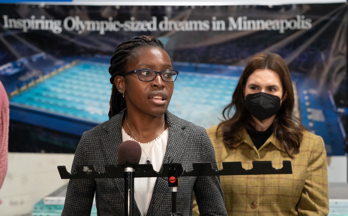 Rep. Esther Agbaje, DFL-Minneapolis, shown last month as Gov. Tim Walz and Lt. Gov Peggy Flanagan toured V3 Sports in Minneapolis,