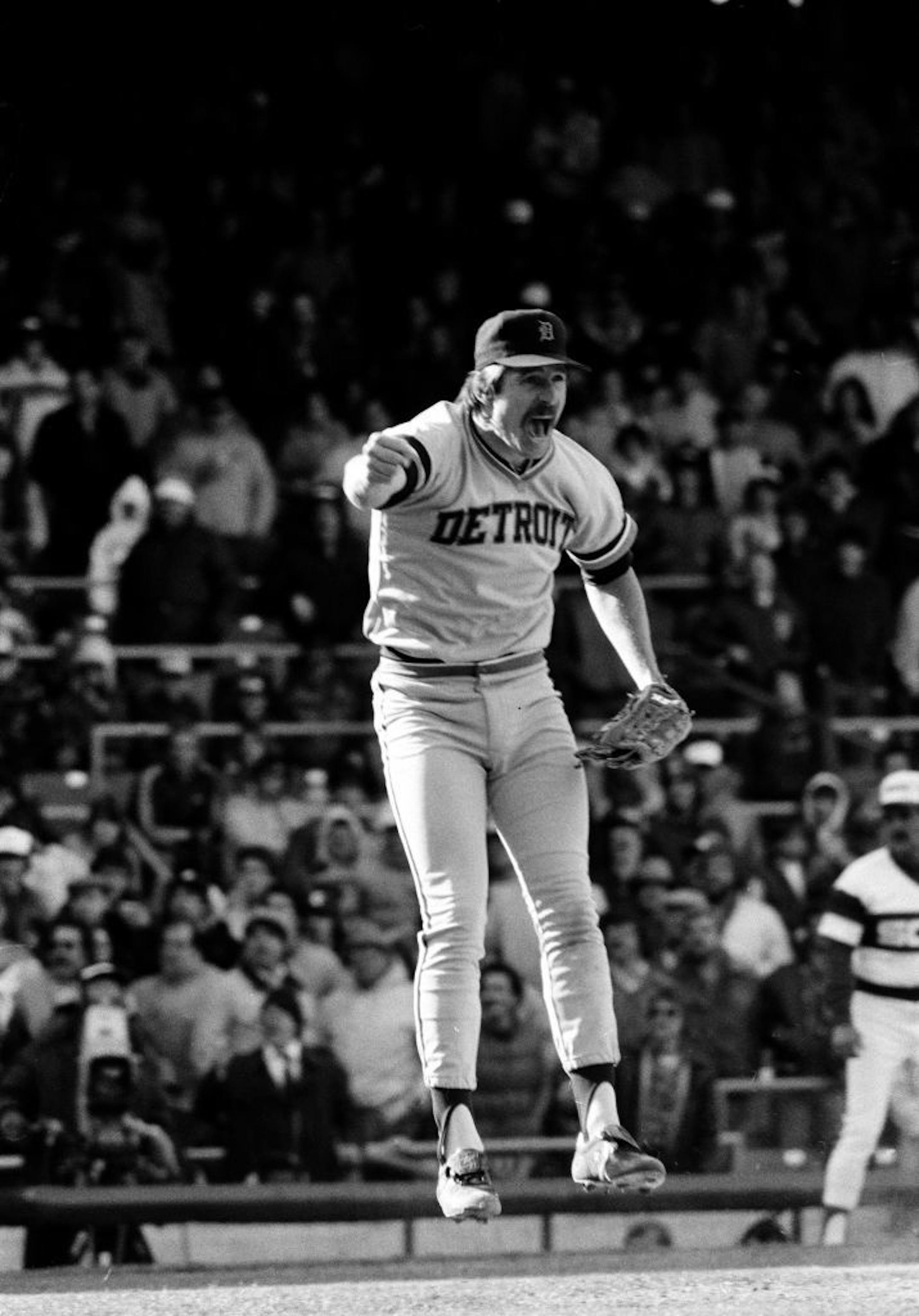 Detroit Tigers pitcher Jack Morris leaps in the air after striking out Ron Kittle in the ninth inning for a no-hitter against the Chicago White Sox in Chicago, Ill., Saturday, April 7, 1984.