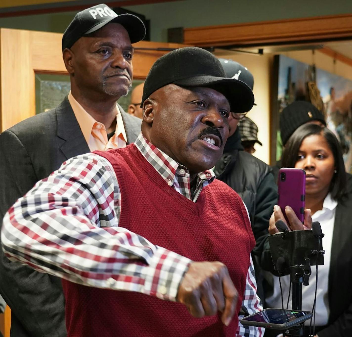 Activist Spike Moss spoke outside the City Hall office of Mayor Jacob Frey as part of the Safe Street Coalition.