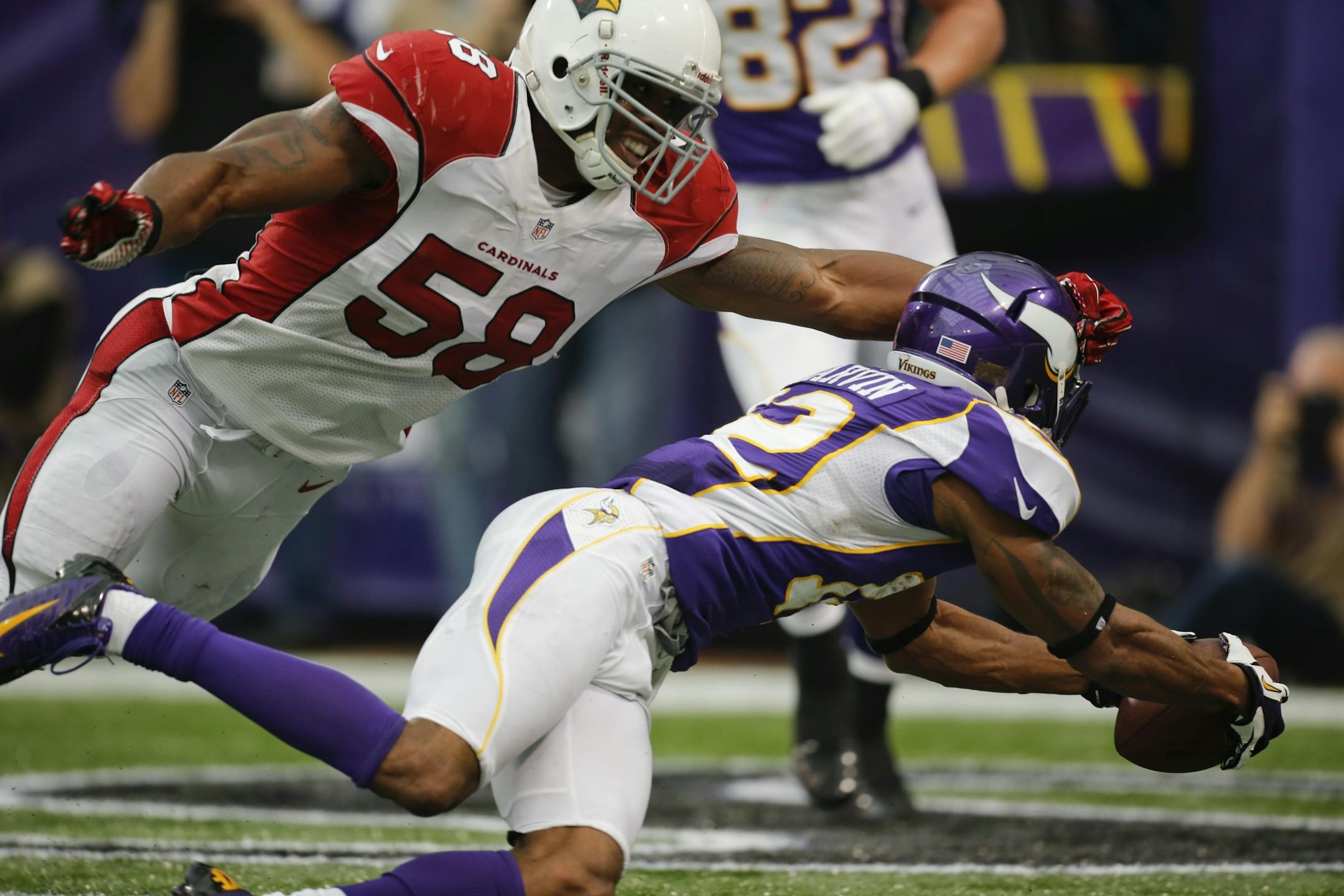 The Minnesota Vikings met the Arizona Cardinals in an NFL game October 21, 2012 at Mall of America Field in Minneapolis, Minn. Percy Harvin of the Vikings scored from the three yard line after catching a short pass. He snuck under the tackle of Arizona's Daryl Washington to score.
